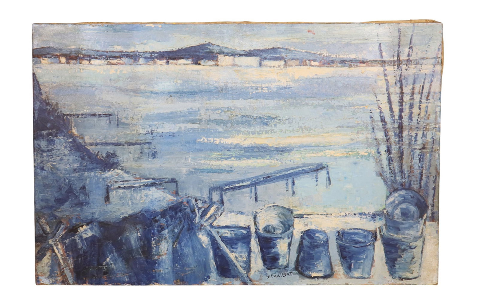 French oil on canvas painting Expressionist waterside scene in blues (1 of 5)