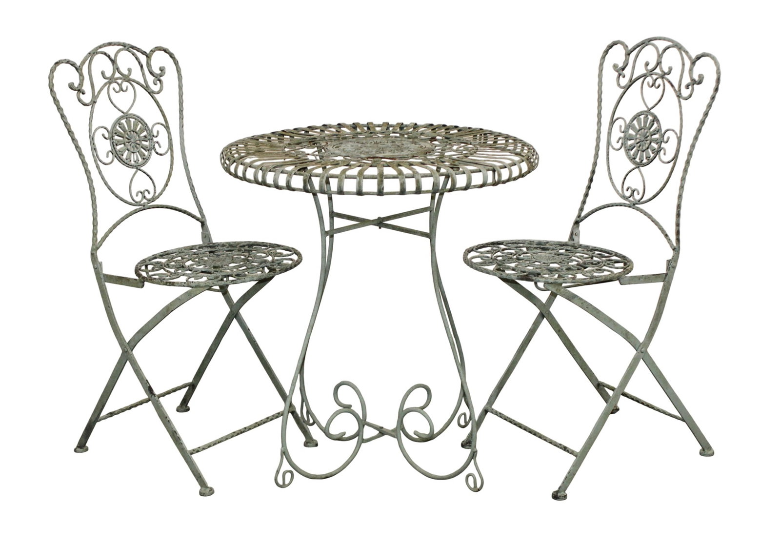 3 Piece bistro set in wrought iron with verdigris finish: 3 Piece bistro set in wrought iron with verdigris finish. Table- 30"h x 27 1/2" diam. Chairs- 37 1/4"h x 15 1/4"w x 19"d x 19 1/4" seat h