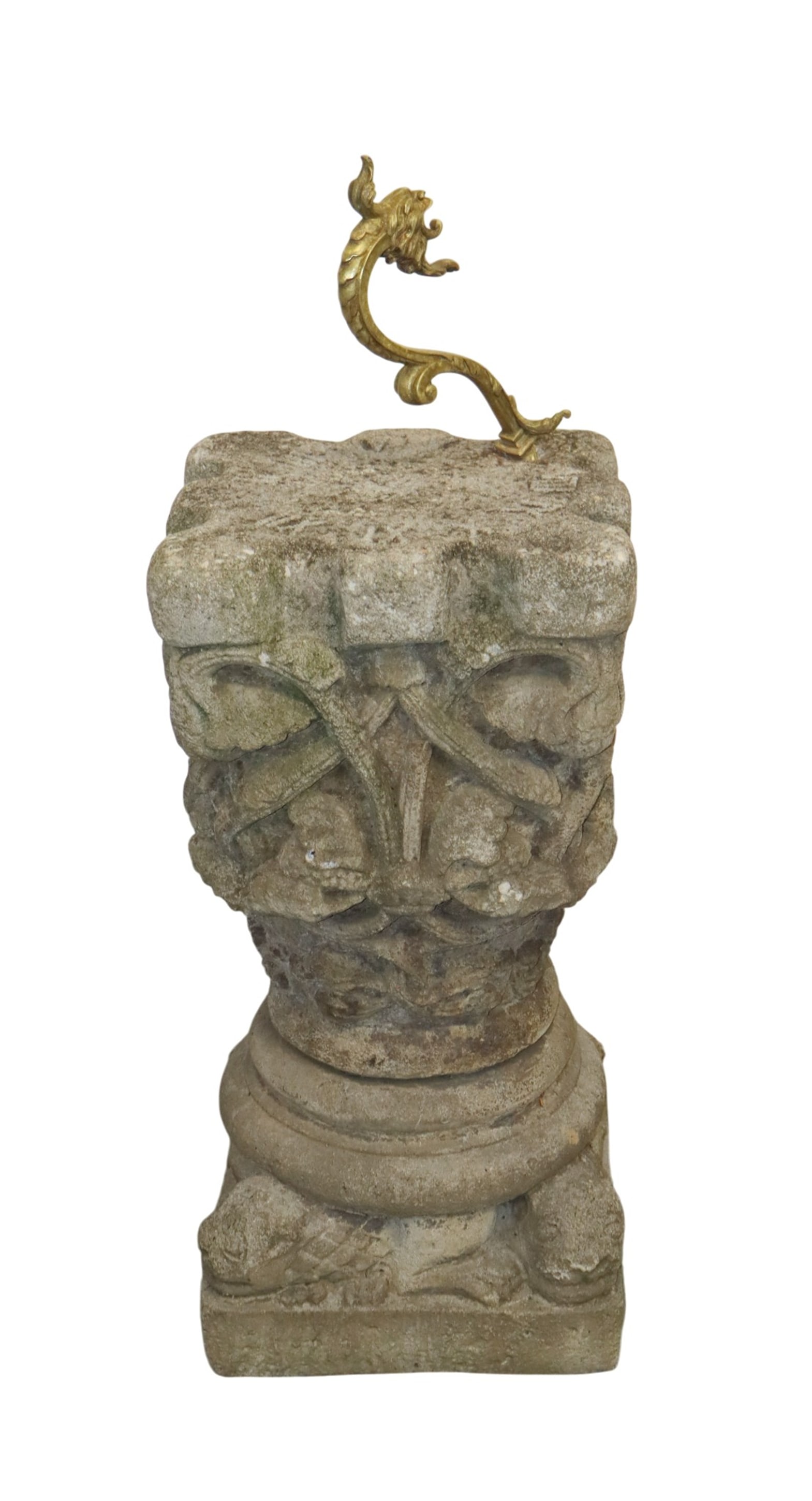 Cut limestone garden sundial with bronze lion gnomon (1 of 9)