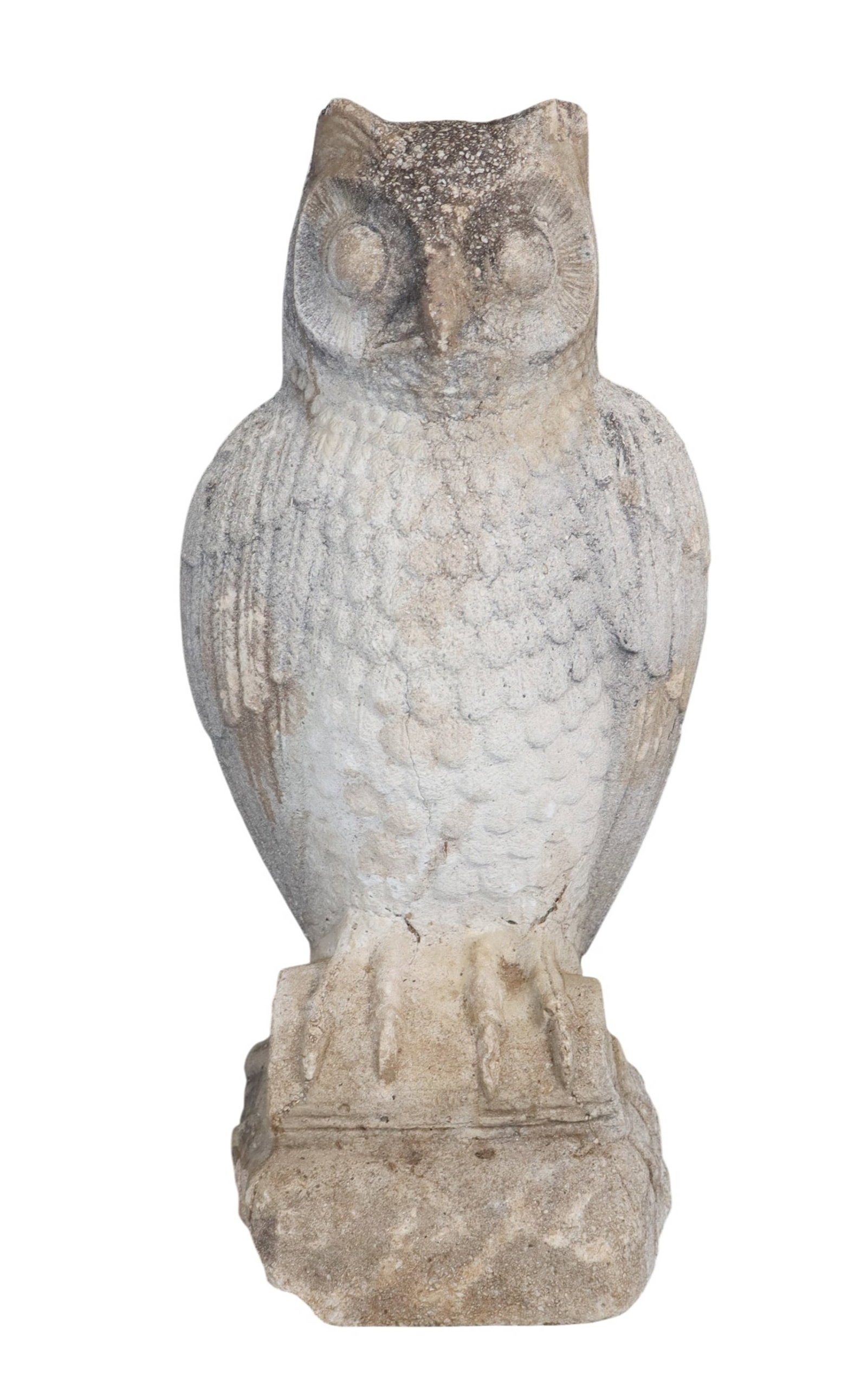 Cast garden stone owl: Cast garden stone owl. 23 5/8"h x 9 1/4"w x 8 1/4"d. Weight: 65lbs