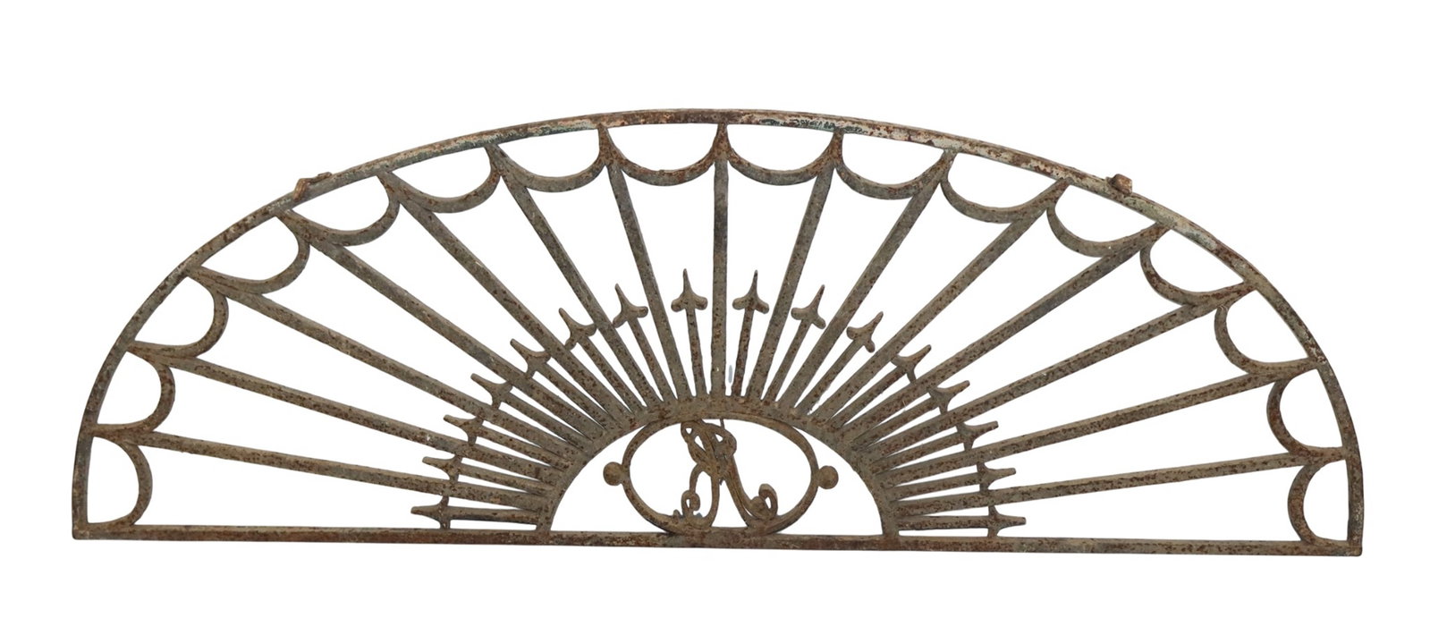 French demi lune wrought iron window transom: French demi lune wrought iron window transom. 16 1/6"h x 46 1/2"w x 2"d