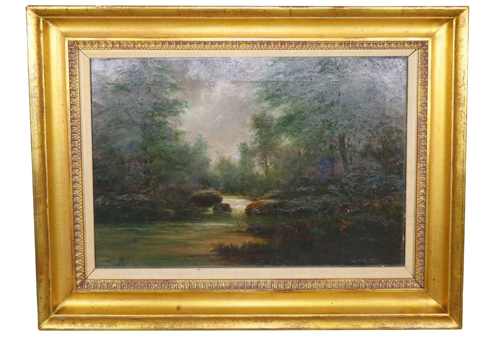 Continental oil on canvas forest landscape painting: Continental oil on canvas forest landscape painting. Signed l/r. Framed: 19 1/2"h x 26 1/2"w Sight: 13 1/2"h x 20 1/2"w Weight: 6lbs