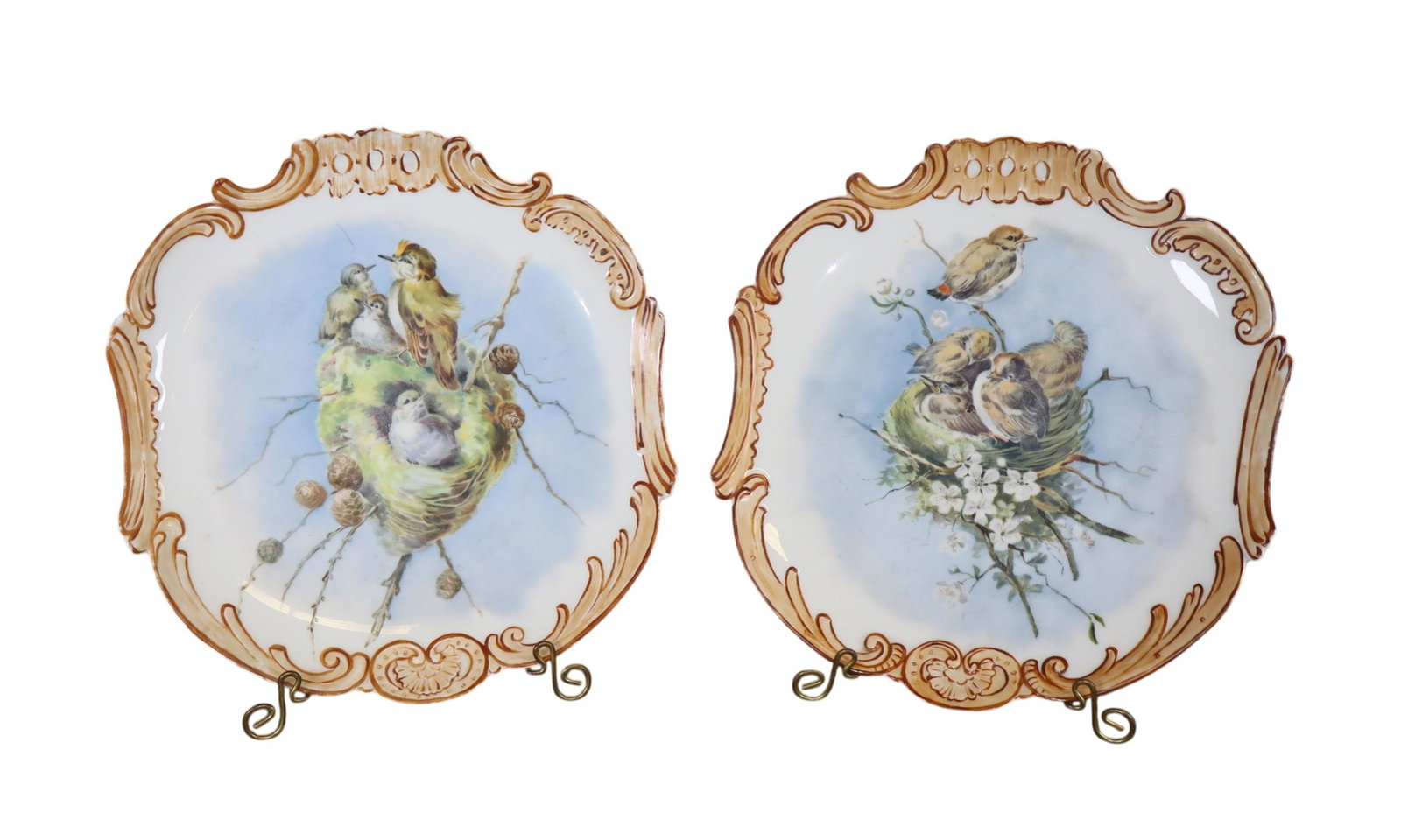 Pair of French hand painted porcelain plates with birds: Pair of French hand painted porcelain plates with birds. 11 1/4"dia. Weight: 6lbs