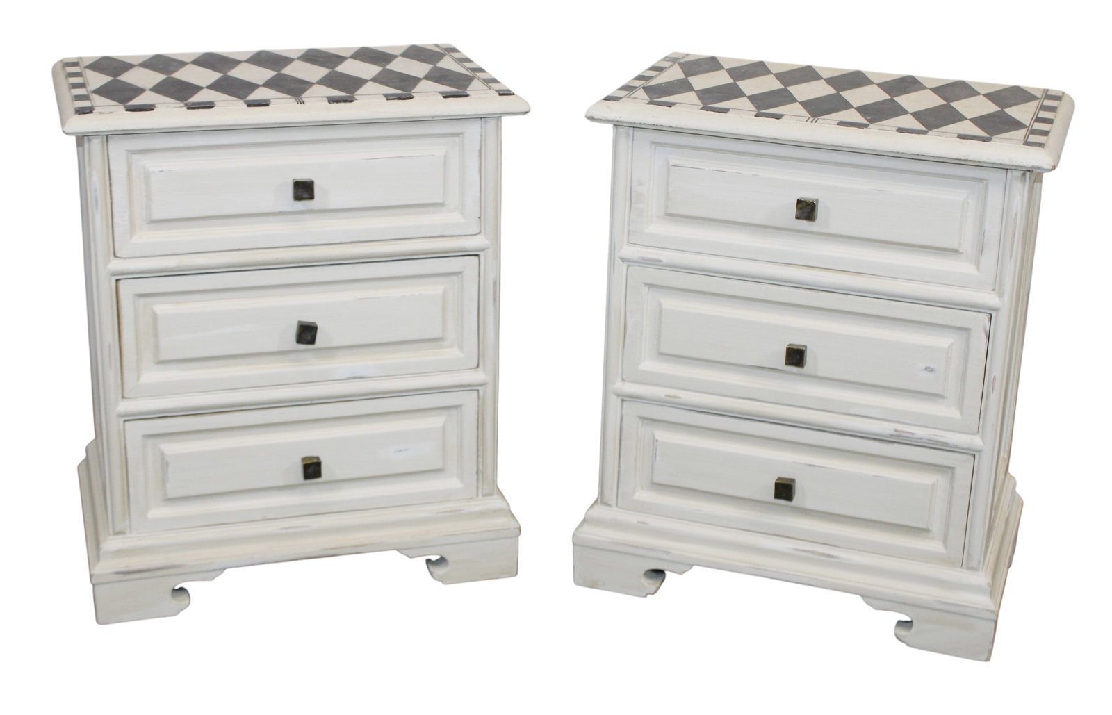 Pair of Italian petite 3 drawer commodes with painted finish and harlequin tops (1 of 7)