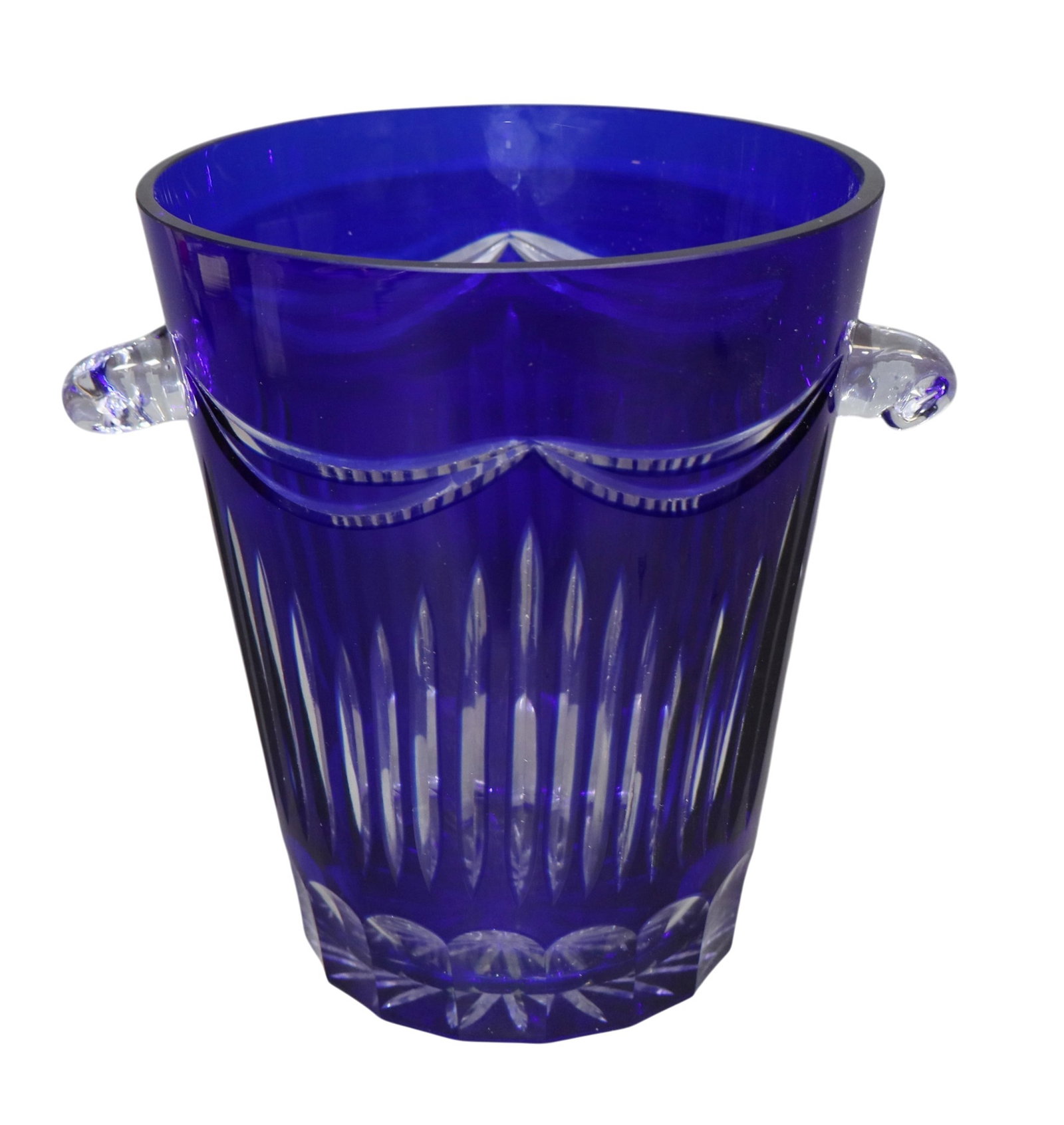 Cobalt cut to clear crystal ice bucket: Cobalt crystal cut to clear crystal ice bucket. 8"h x 9"w x 6 7/8"d