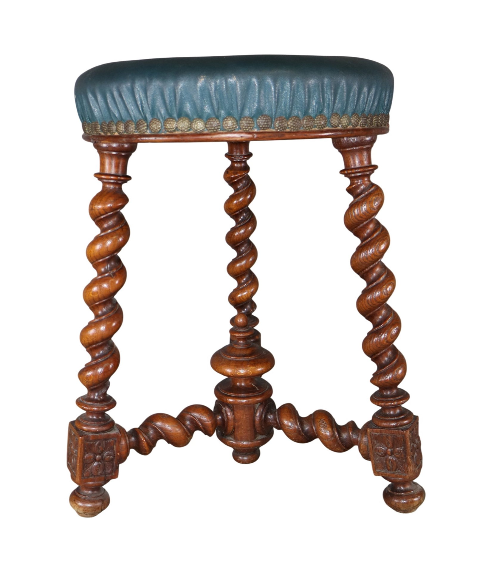 French 3 legged barley twist stool with round seat: French 3 legged barley twist stool with round seat Late 19th century. 19 1/2"h x 15 1/2"w x 15 1/2"d. Weight: 10lbs