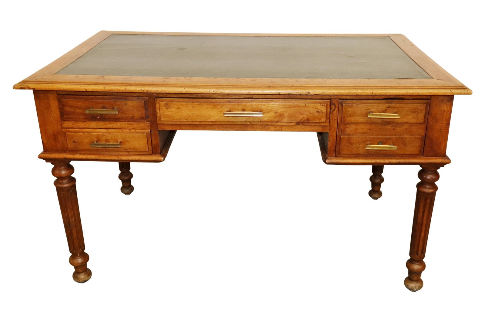 French bureau plat desk with leather top and fluted legs: French bureau plat desk with leather top and fluted legs. Early 20th century. 30"h x 51 1/4"w x 32"d