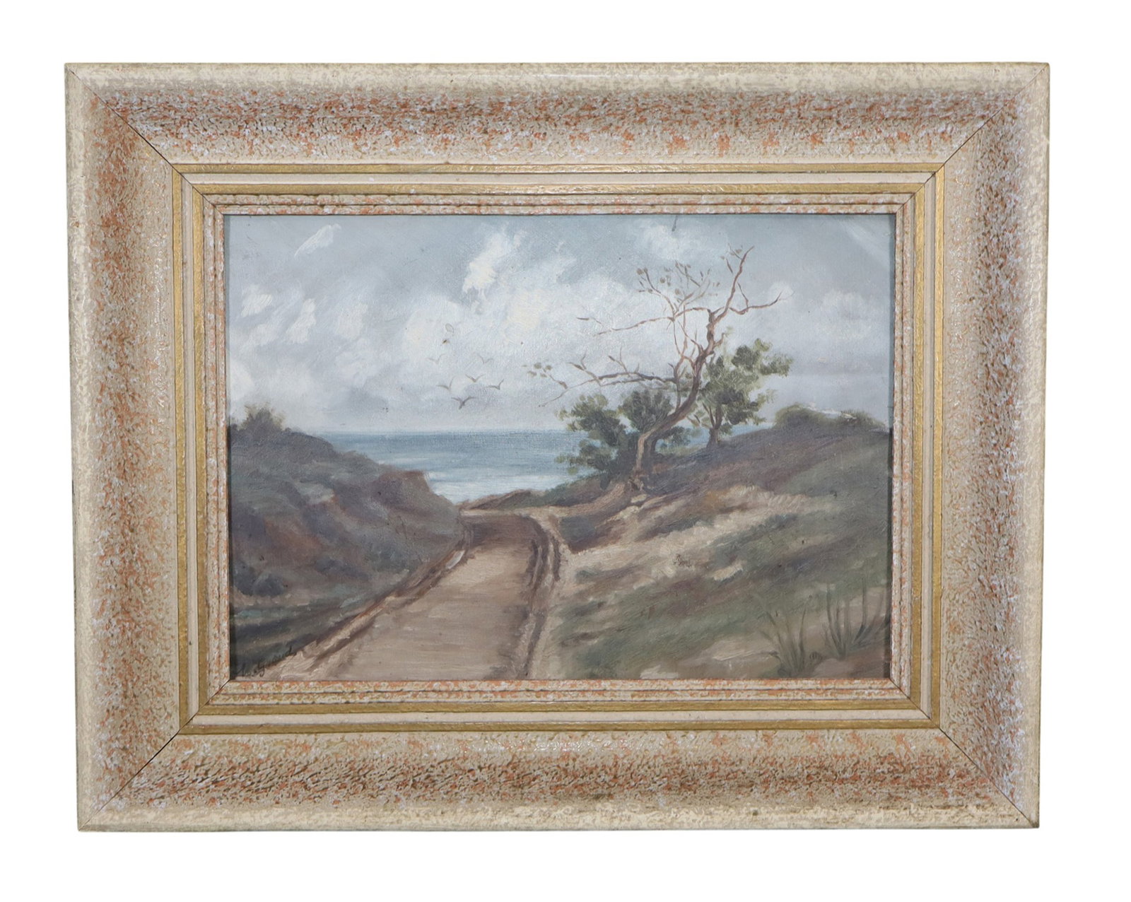 French oil on board painting landscape with path to the sea (1 of 5)