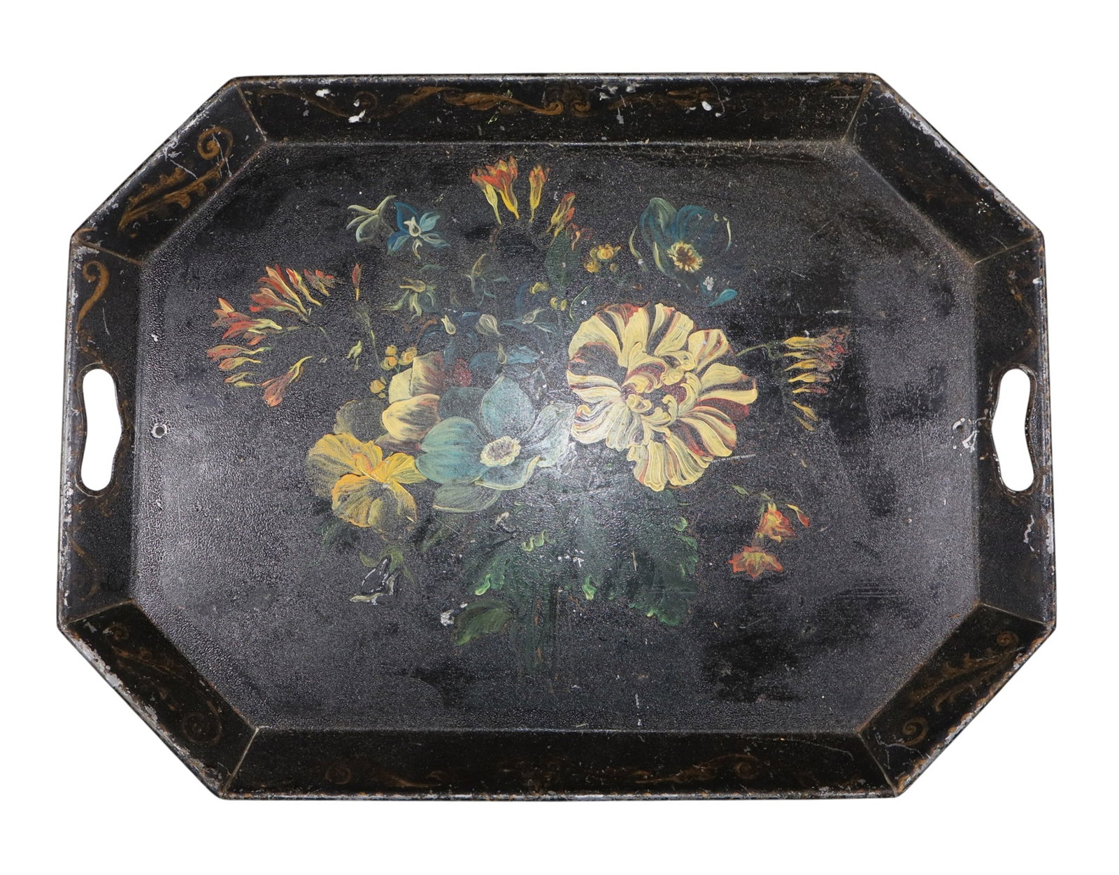 Large Victorian tole tray with painted flowers: Large Victorian tole tray with painted flowers. 1 1/2"h x 22 3/8"w x 16 1/2"d. Weight: 3lbs