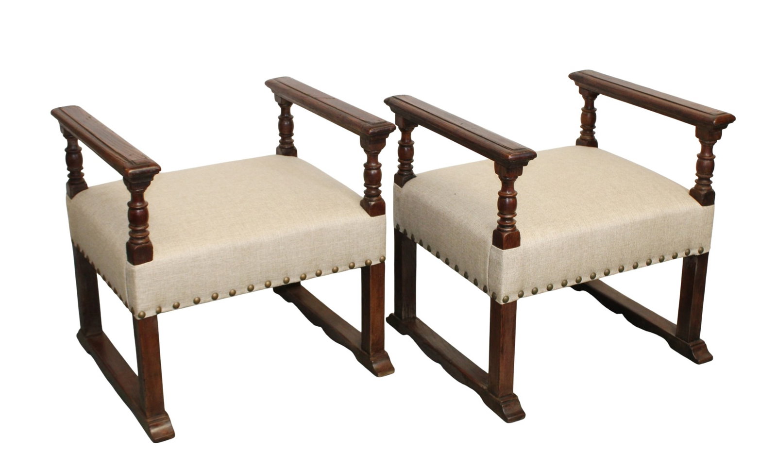 Pair of oak backless benches with arms (1 of 5)