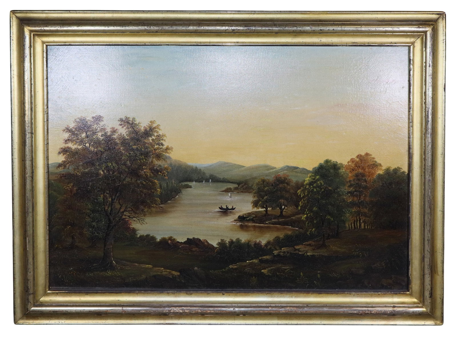 Oil on canvas painting landscape with river at sunrise: Oil on canvas painting landscape with river at sunrise. Framed: 26 1/4"h x 35 1/4"w Sight: 20 3/8"h x 29 3/8"w Weight: 9lbs