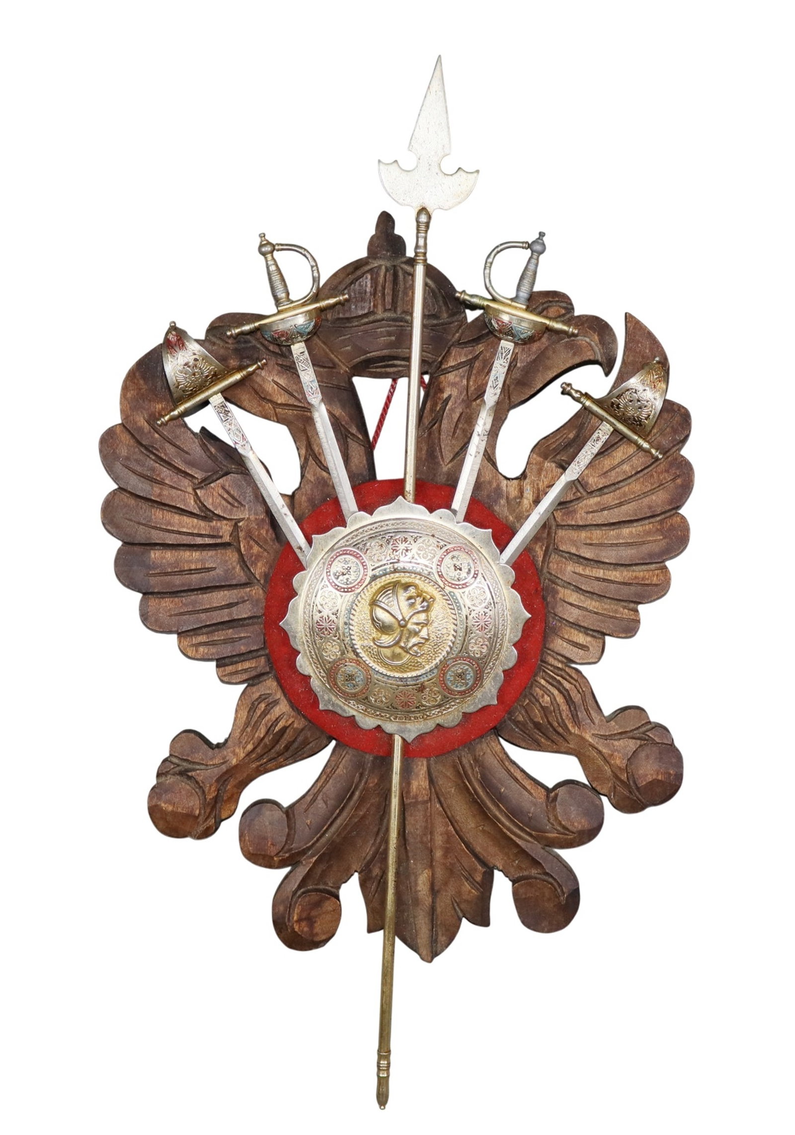 Carved wood Holy Roman Empire crest with swords: Carved wood Holy Roman Empire crest with swords. Mid 20th century 17"h x 9 1/2"w x 2 1/4"d Weight: 2lbs