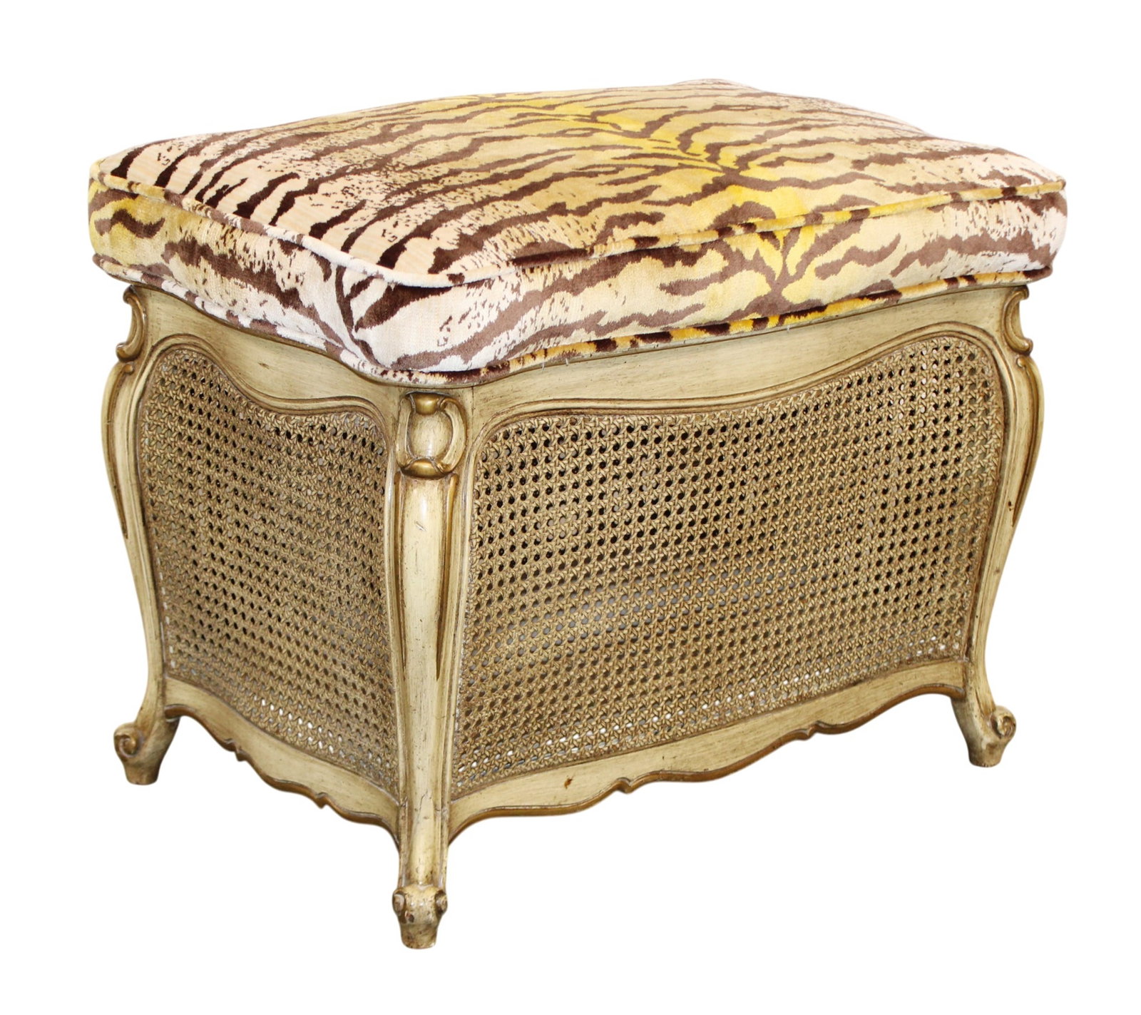French Louis XV style painted and caned stool with tiger striped velvet upholstery (1 of 10)