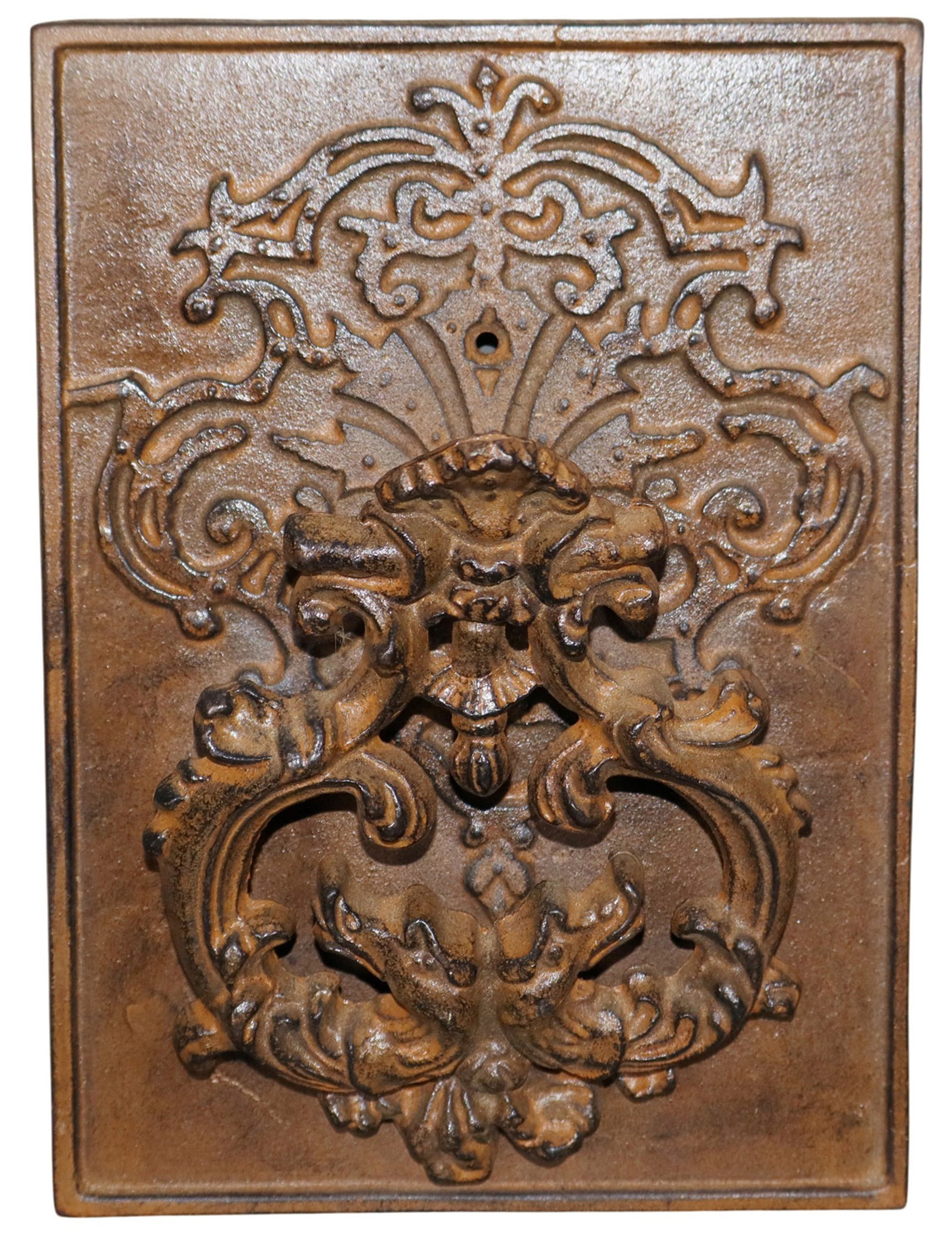Cast iron door knocker: Cast iron door knocker. 8 3/4"h x 6 3/8"w x 2 1/2"d Weight: 3lbs