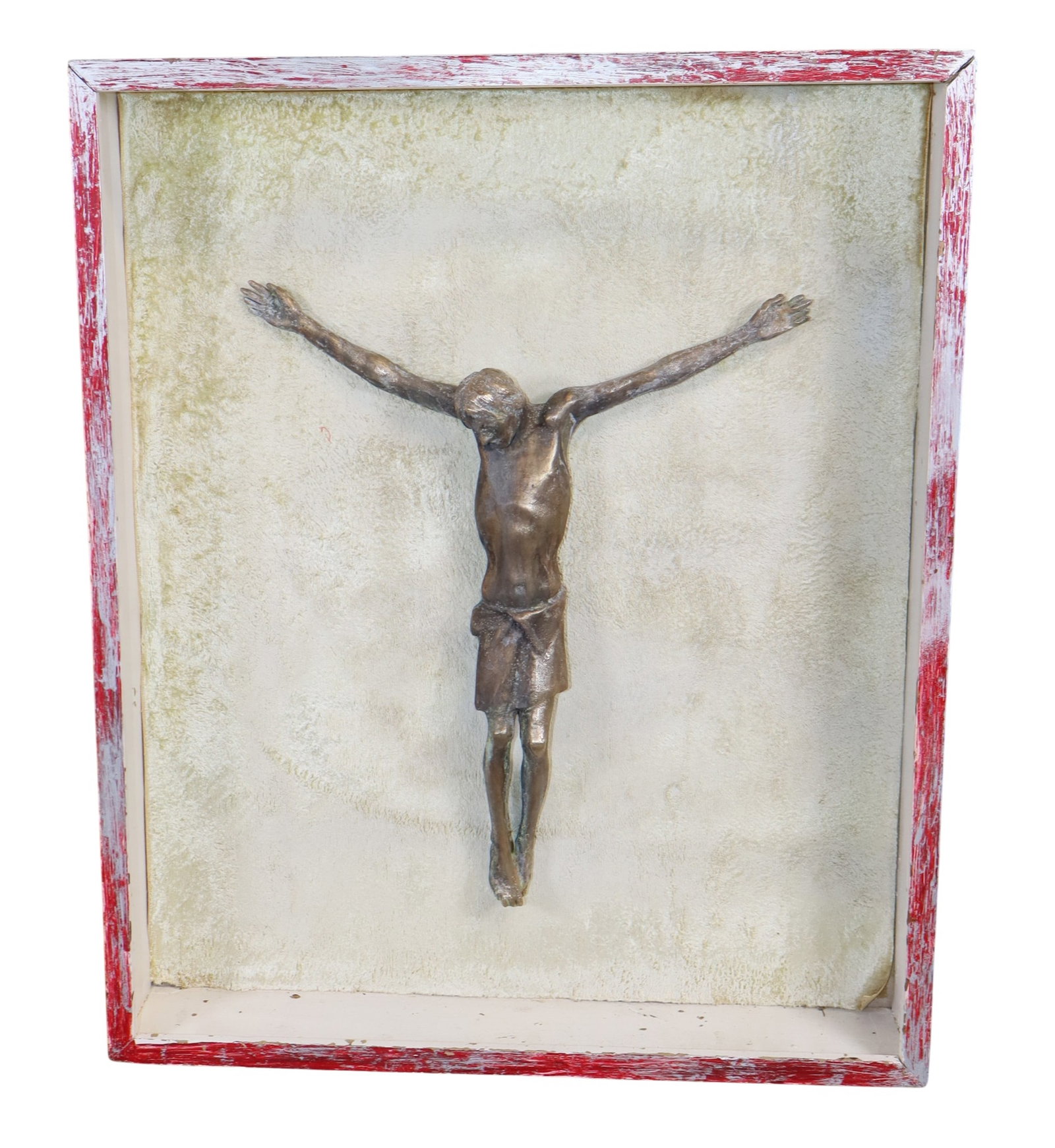 Bronze crucifix mounted in wooden shadowbox frame: Bronze Jesus mounted in pained shadow box display. 23"h x 19"w x 3 5/8"d. Weight: 10lbs