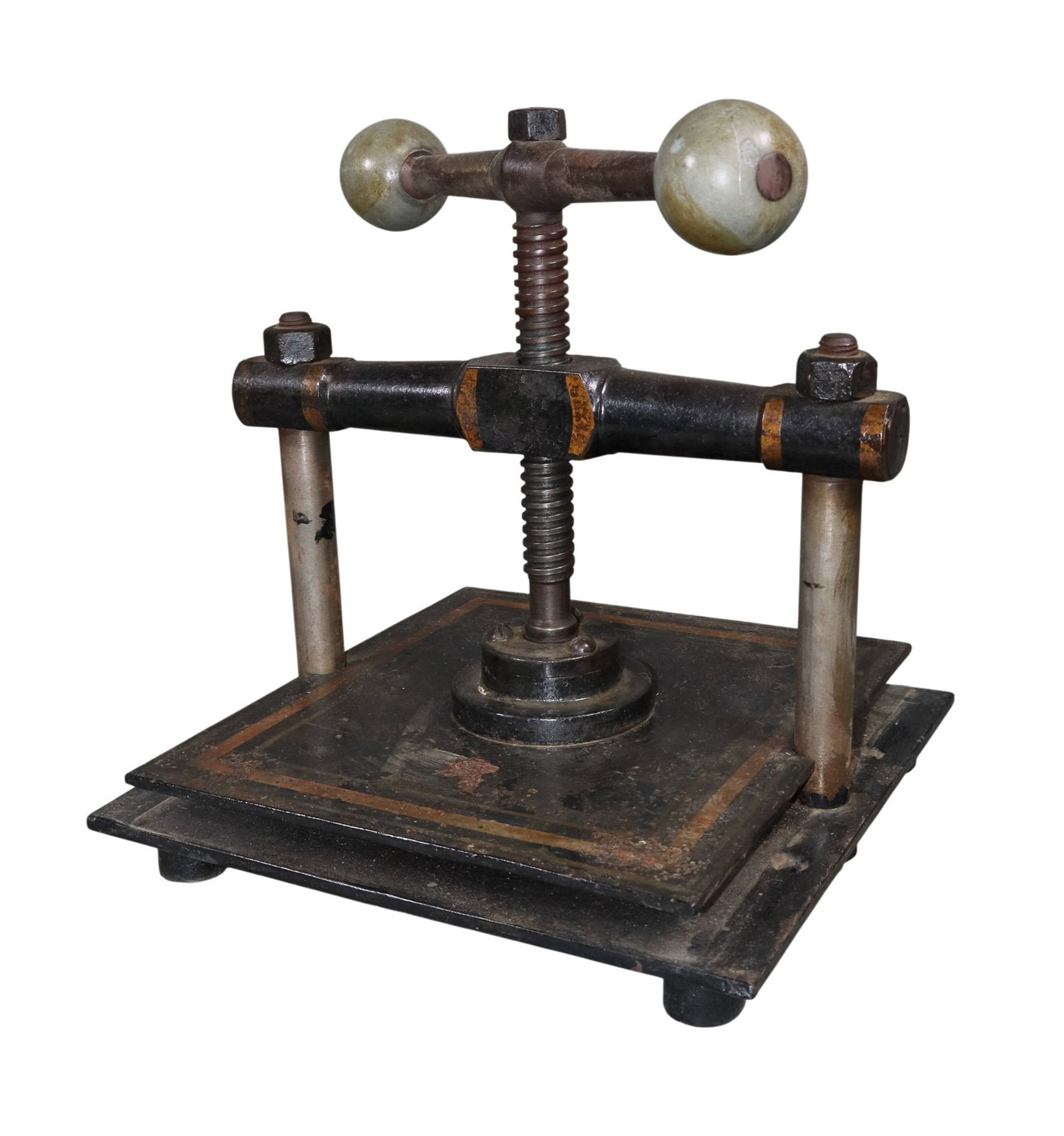 French cast iron book press with ball handles: French iron book press with ball handles. Early 20th century. 12"h x 12"w x 11"d. Weight: 35lbs