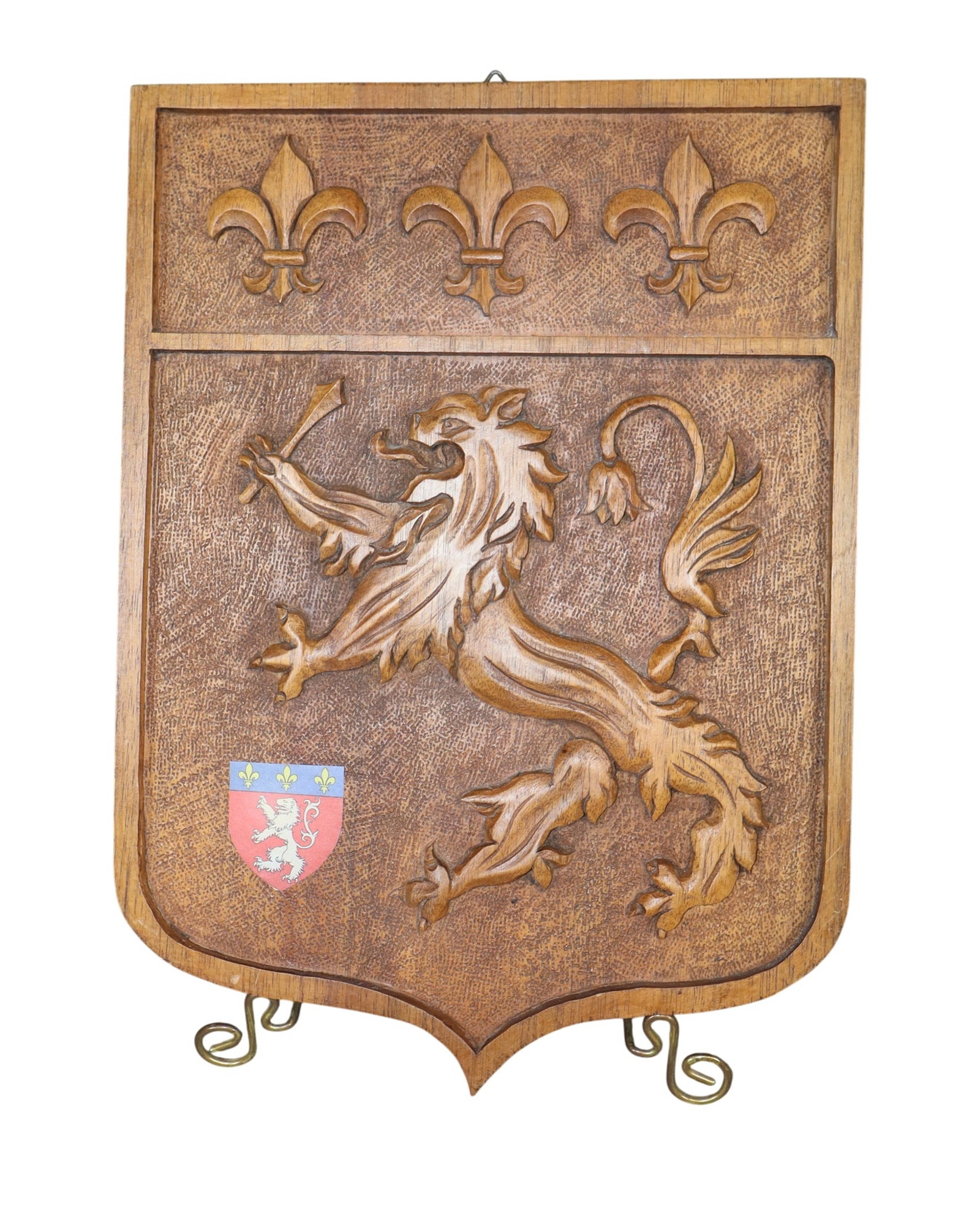 French coat of arms plaque with a rampant lion and fleur de lis (1 of 4)