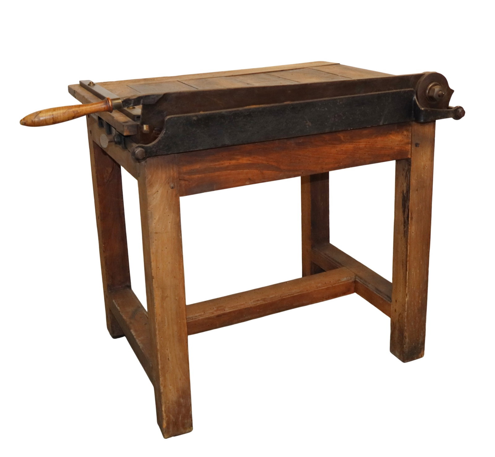 French butcher shop table with attached slicer: French butcher shop table with attached slicer. Circa 1900. Overall: 33 1/4"h x 40 7/8"w x 27 5/8"d