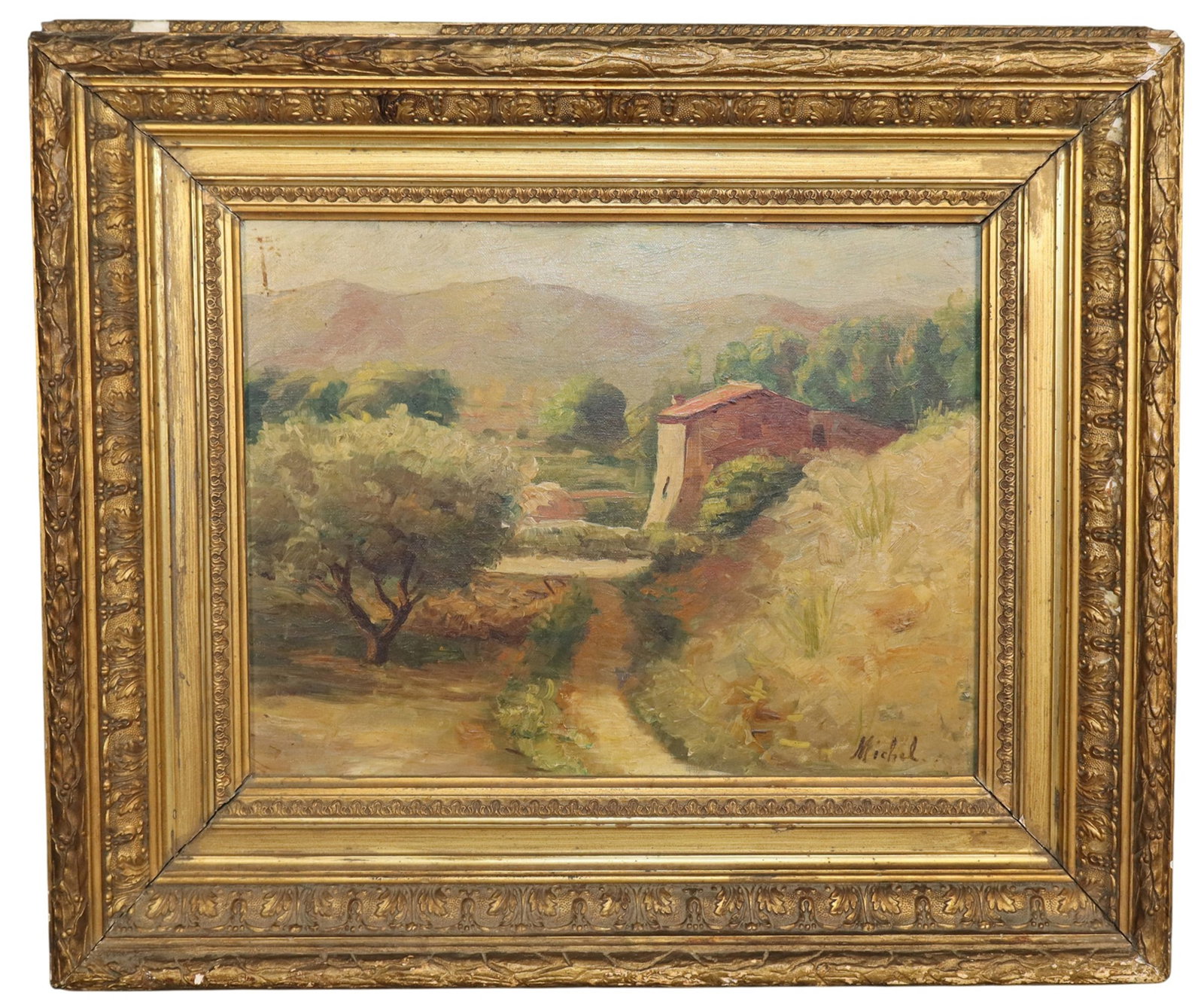 French oil on canvas landscape house with a red roof: French oil on canvas landscape house with a red roof. Framed: 19"h x 22 1/2"w Sight: 11 1/4"h x 14 3/4"w Weight: 9lbs