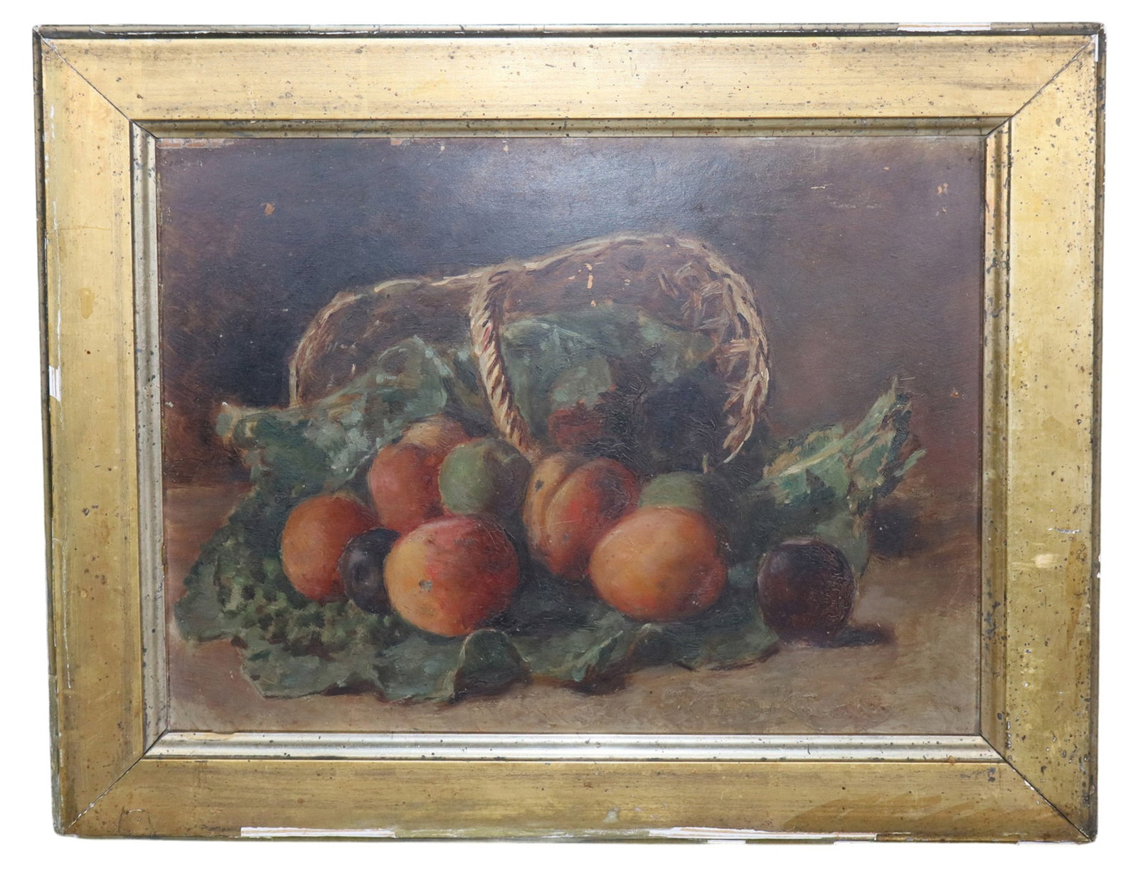 French oil on board painting still life with basket of peaches: French oil on board painting still life with basket of peaches. Apparently unsigned. Framed: 14 1/8"h x 17 1/4"w Sight: 10 1/4"h x 13 3/8"w Weight: 2lbs