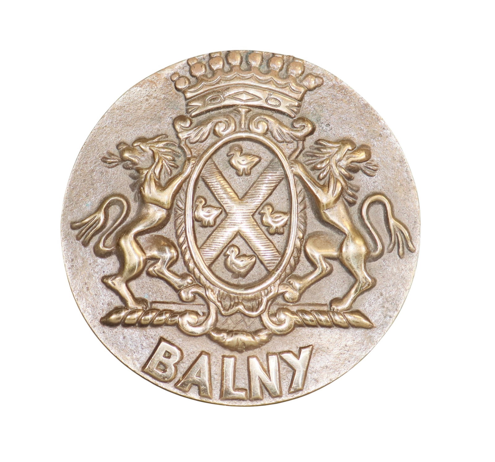 French canal boat plaque in bronze with an armory plague flanked by lions: French canal boat plaque in bronze with an armory plague flanked by lions. 6 1/4"dia. Weight: 2lbs