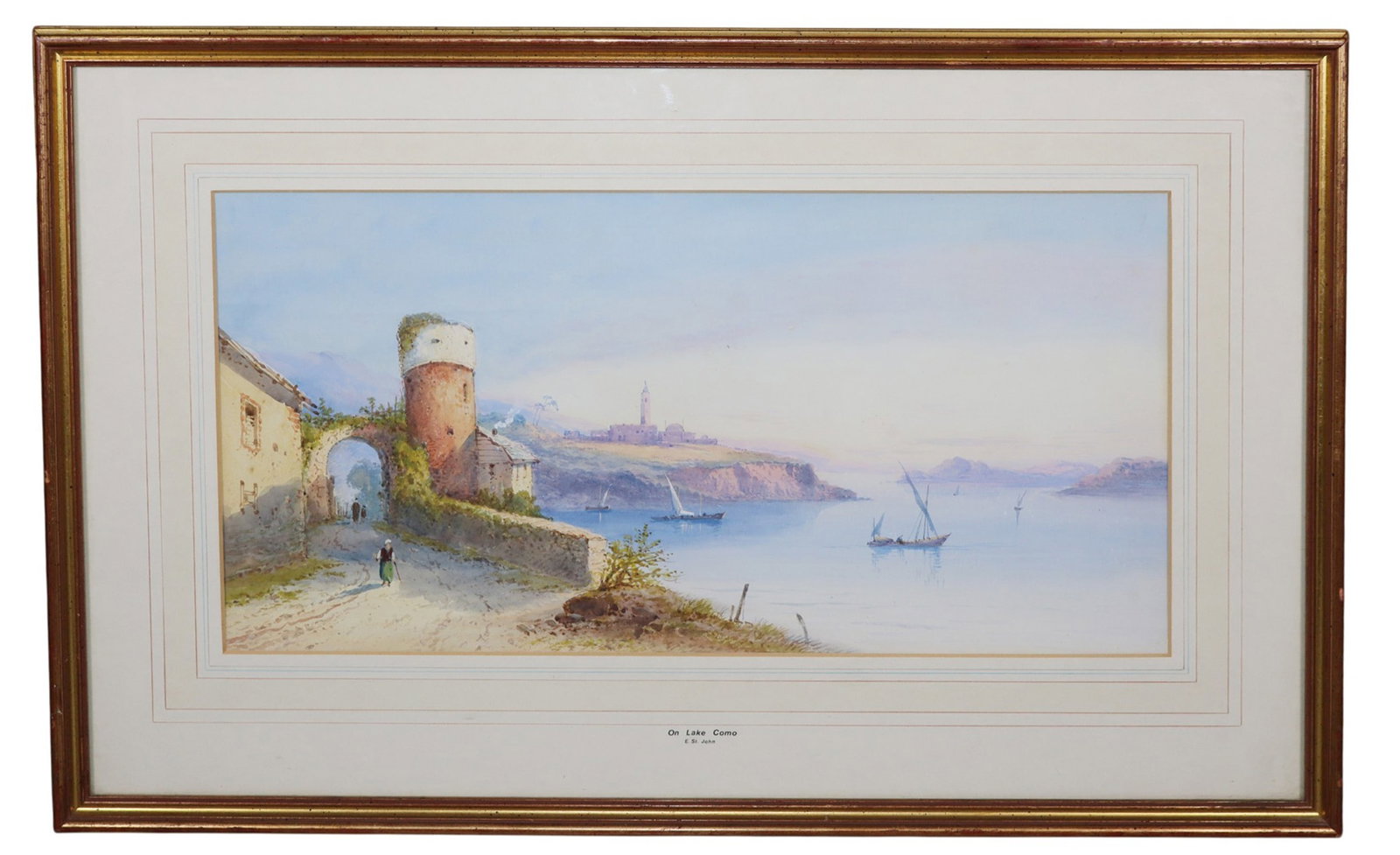 Watercolor on paper painting 'On Lake Como' by Edwin St. John (1880 - 1920): Watercolor on paper painting 'On Lake Como' by Edwin St. John (1880 - 1920). Framed: 16 1/2"h x 26 3/7"w Sight: 10 5/8"h x 19 1/4"w Weight: 6lbs