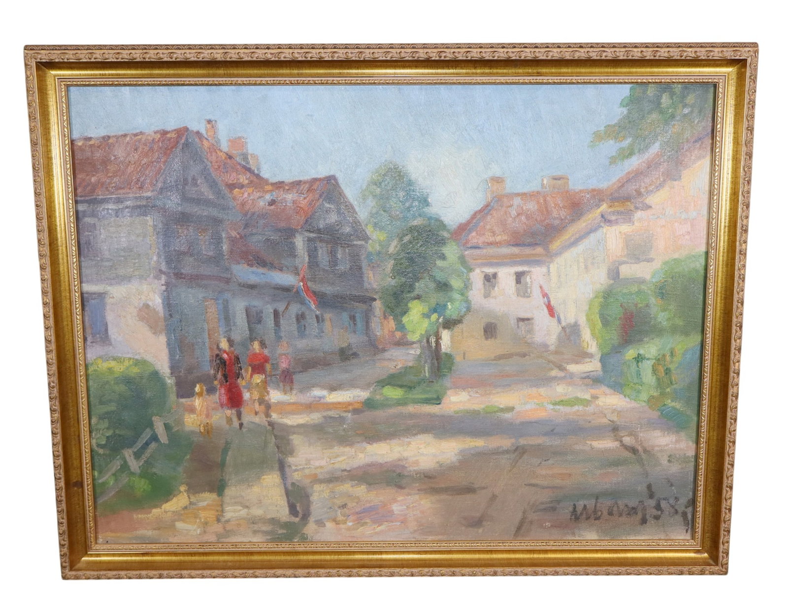Oil on canvas Impressionist street scene painting: Oil on canvas Impressionist street scene painting signed l/r. Framed: 24 3/8"h x 31 1/2"w Sight: 20 7/8"h x 28"w Weight: 5lbs