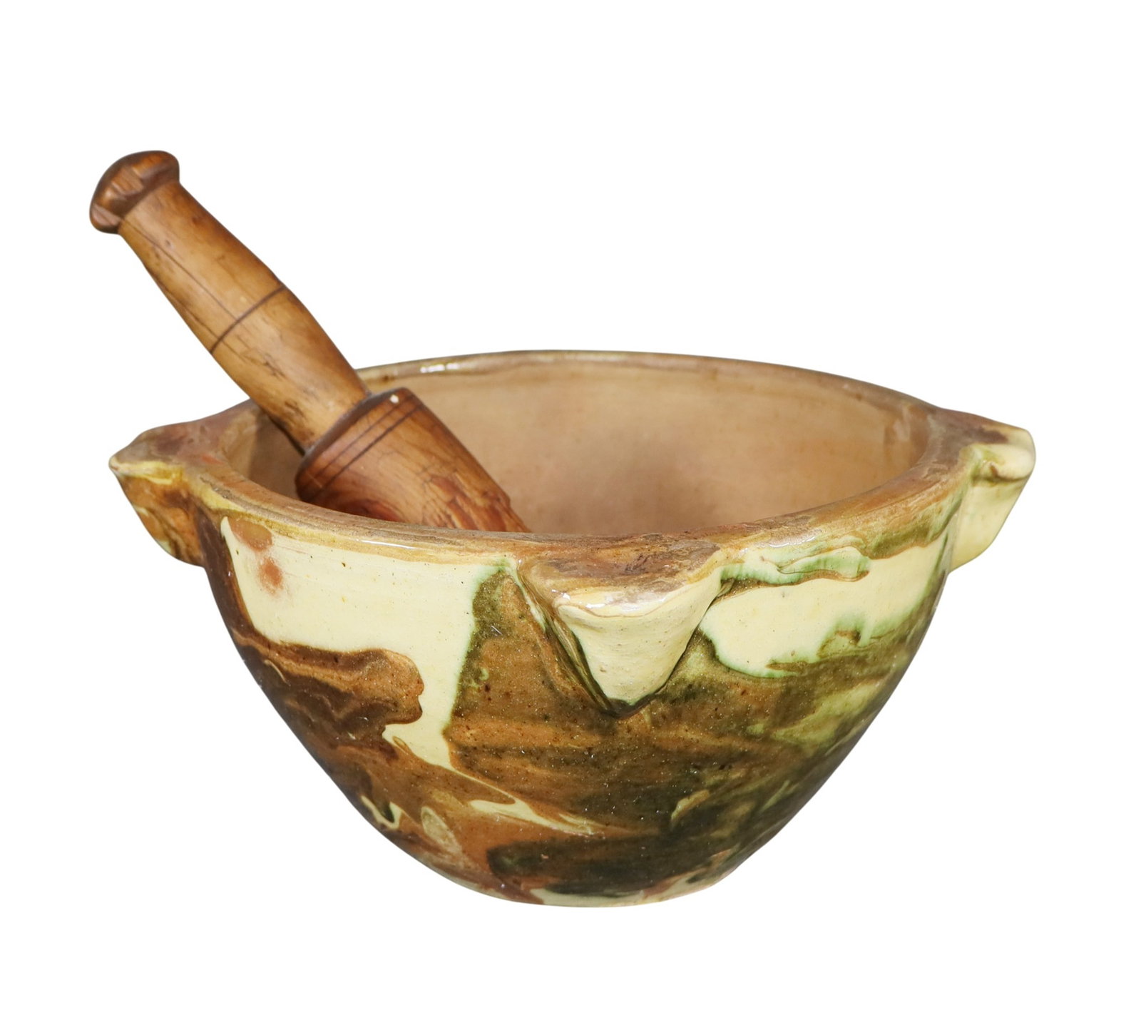 French glazed terra cotta mortar and wooden pestle: French glazed terra cotta mortar and wooden pestle. Early 20th century. 4 1/2"h x 9 1/4"sq. Weight: 4lbs