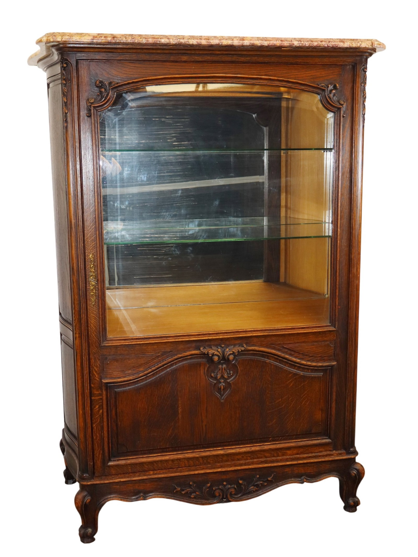 French Provincial single door vitrine in oak with marble top: French Provincial single door vitrine in oak with marble top. 58 3/4"h x 41 5/8"w x 17"d