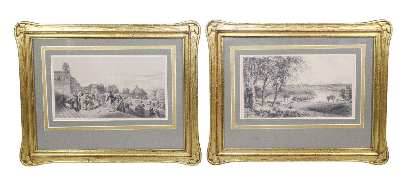 Companion pair of framed Rosenberg etchings depicting river and terrace scenes: Companion pair of framed Rosenberg etchings depicting river and terrace scenes. Signed C. Rosenberg on l/l. Framed: 12 5/8"h x 15 1/2"w Sight: 6 1/4"h x 10 1/8"w Weight: 4lbs total