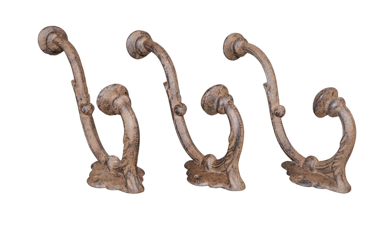 Set of 3 large cast iron wall hooks: Set of 3 large cast iron wall hooks. Late 20th century. 10 1/2"h x 3 1/4"w x 7 3/4"d each. Weight: 10lbs total.