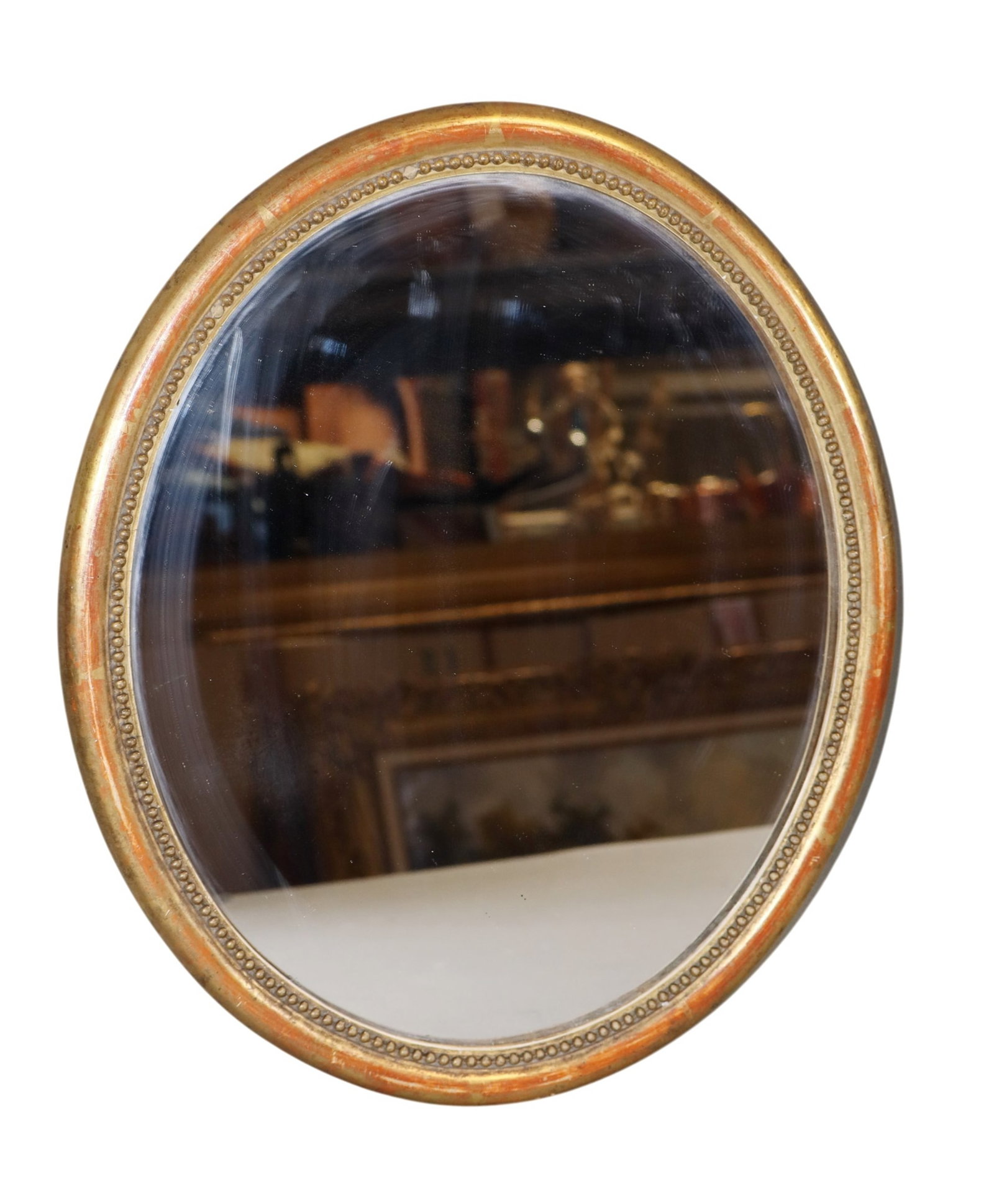 French Louis Philippe oval gold leaf mirror: French Louis Philippe oval gold leaf mirror. Late 19th century. 13 3/8"h x 11 3/'8"w. Weight: 2lbs