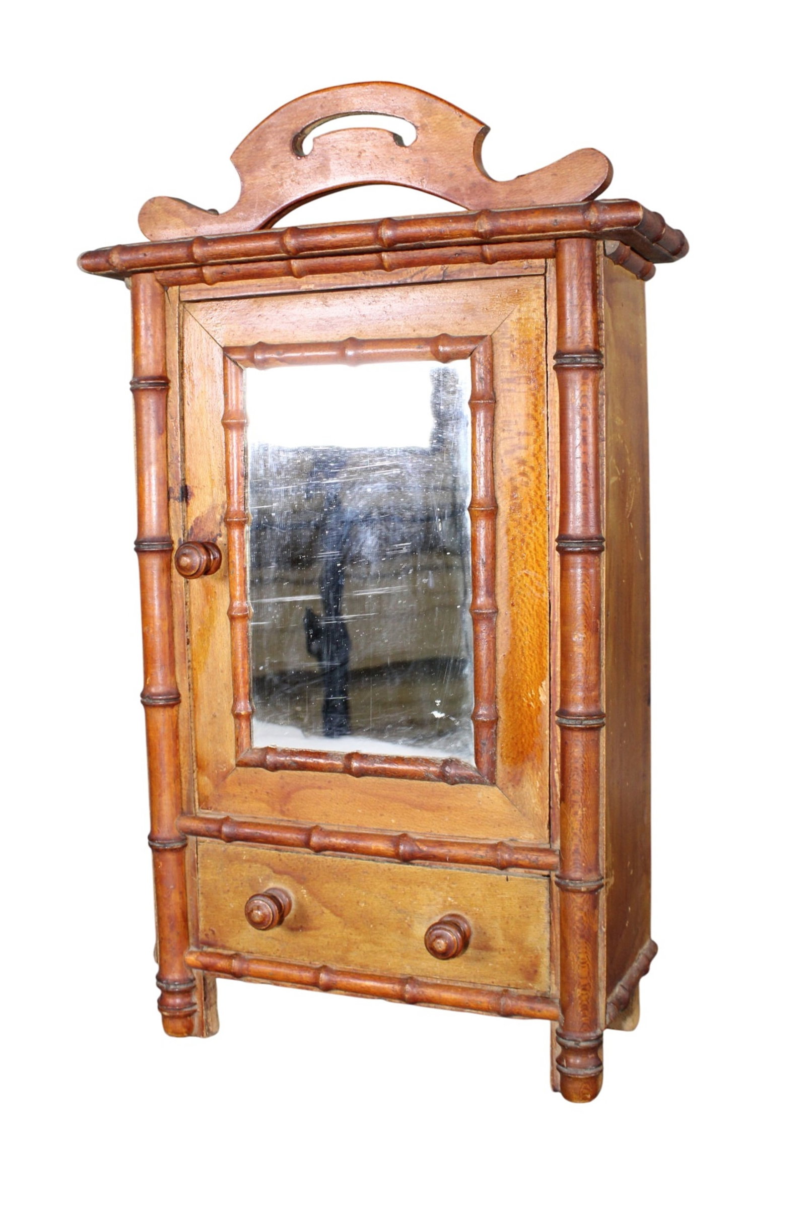 French miniature faux bamboo doll house armoire: French miniature faux bamboo doll house armoire. Early 20th century. 16"h x 9 1/2"w x 3 3/4"d. Weight: 2lbs