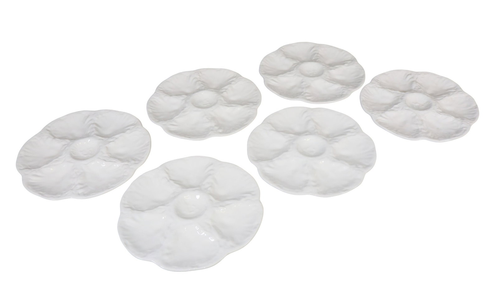 Set of 6 French Gien white ceramic oyster plates: Set of 6 French Gien white ceramic oyster plates. 9 3/4"dia Weight: 8lbs total