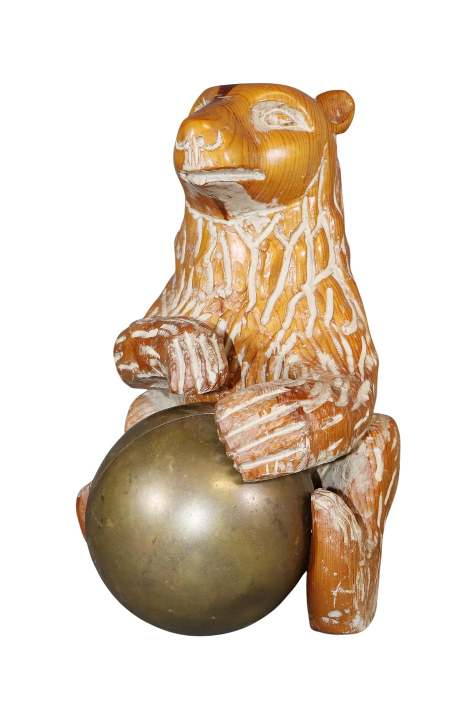 Carved wooden bear in pine holding brass ball: Carved wooden bear in pine holding brass ball. 13"h x 8"w x 9"d Weight: 7lbs