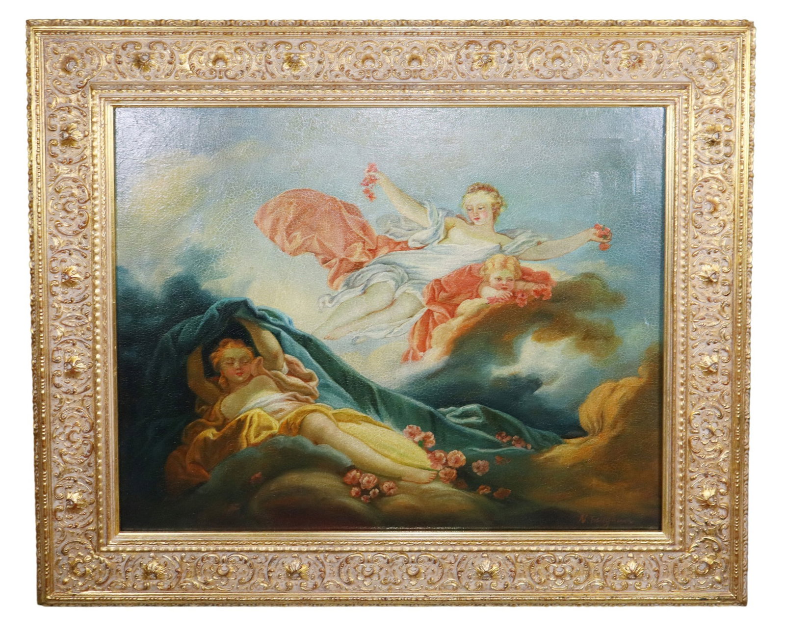 Oil on canvas painting after Fragonard's Goddess Aurora triumphing over night: Oil on canvas painting after Fragonard's Goddess Aurora triumphing over night signed N. Bingham. 21st century. Framed: 27 3/8"h x 31 3/8"w Sight: 19 3/8"h x 23 3/8"w Weight: 10lbs