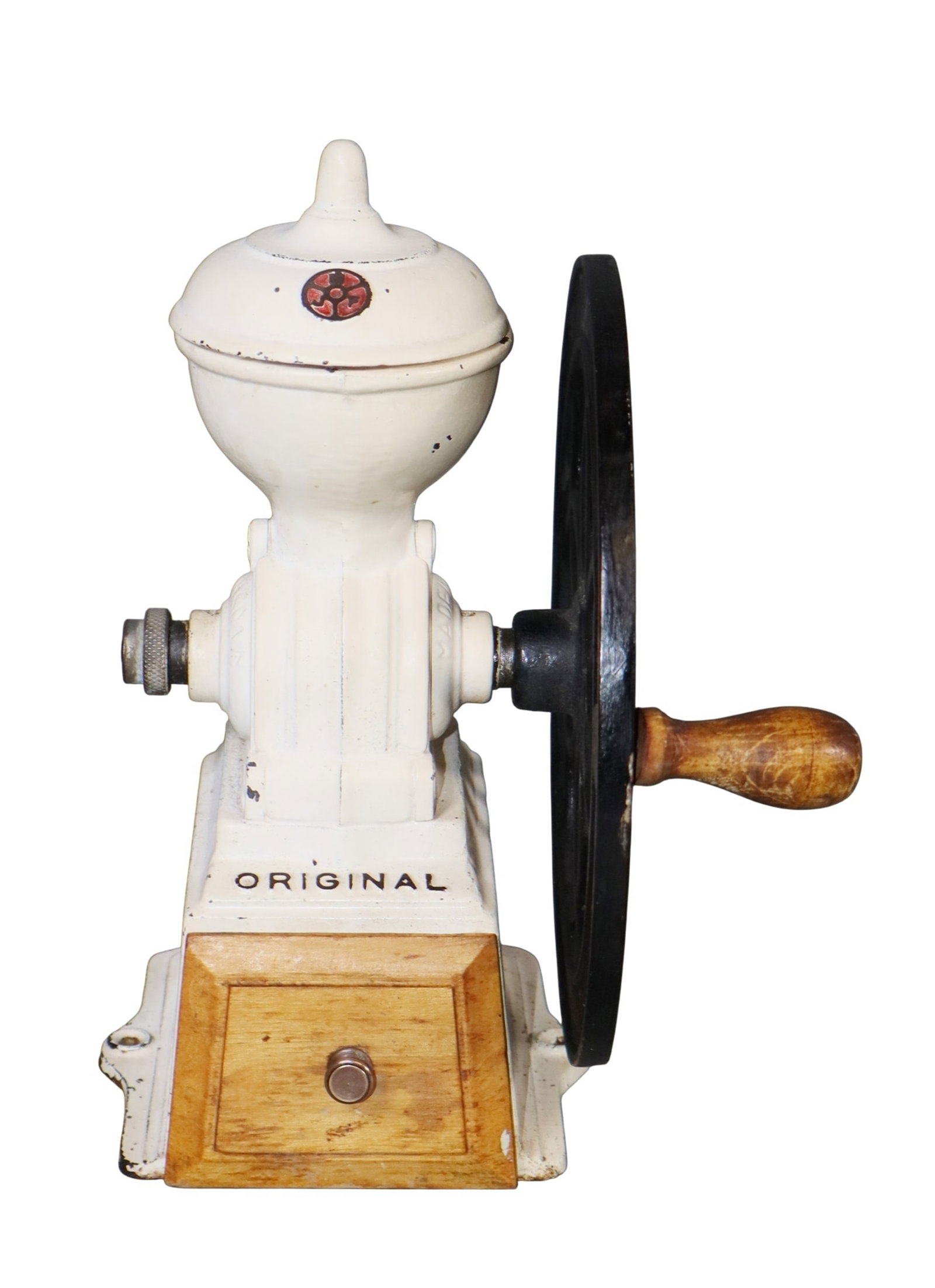 1950s Spanish diminutive coffee grinder: 1950s Spanish diminutive coffee grinder. 9 1/4"h x 7"w x 6"d Weight: 5lbs