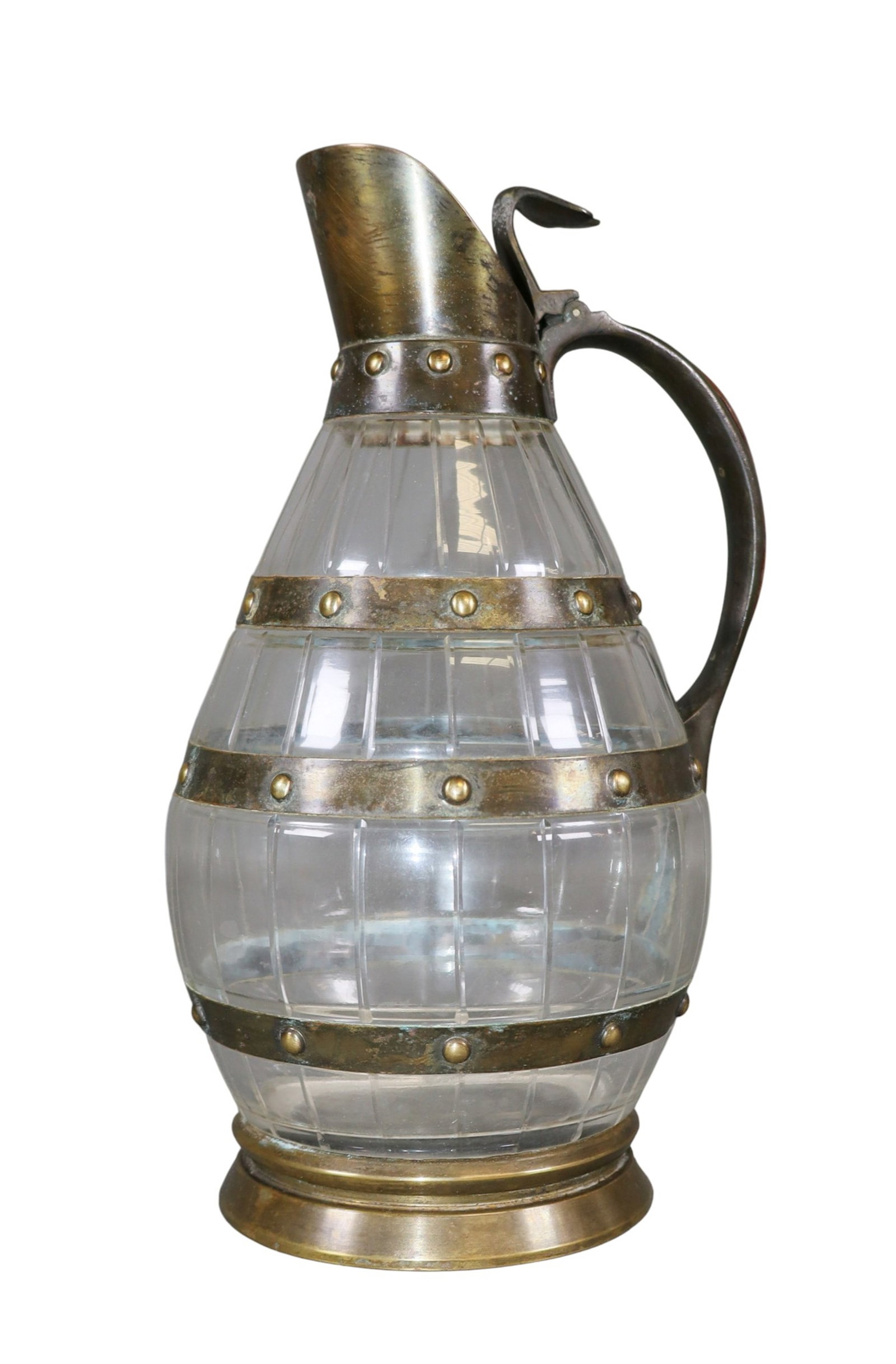 French miniature wine pitcher in glass with brass bands (1 of 6)