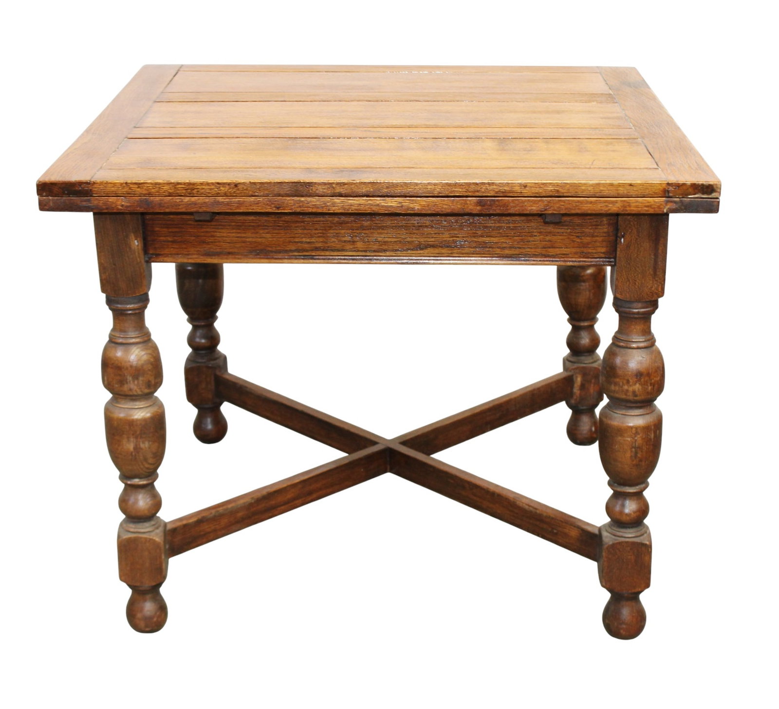 English oak draw leaf pub table on barrel leg base (1 of 10)