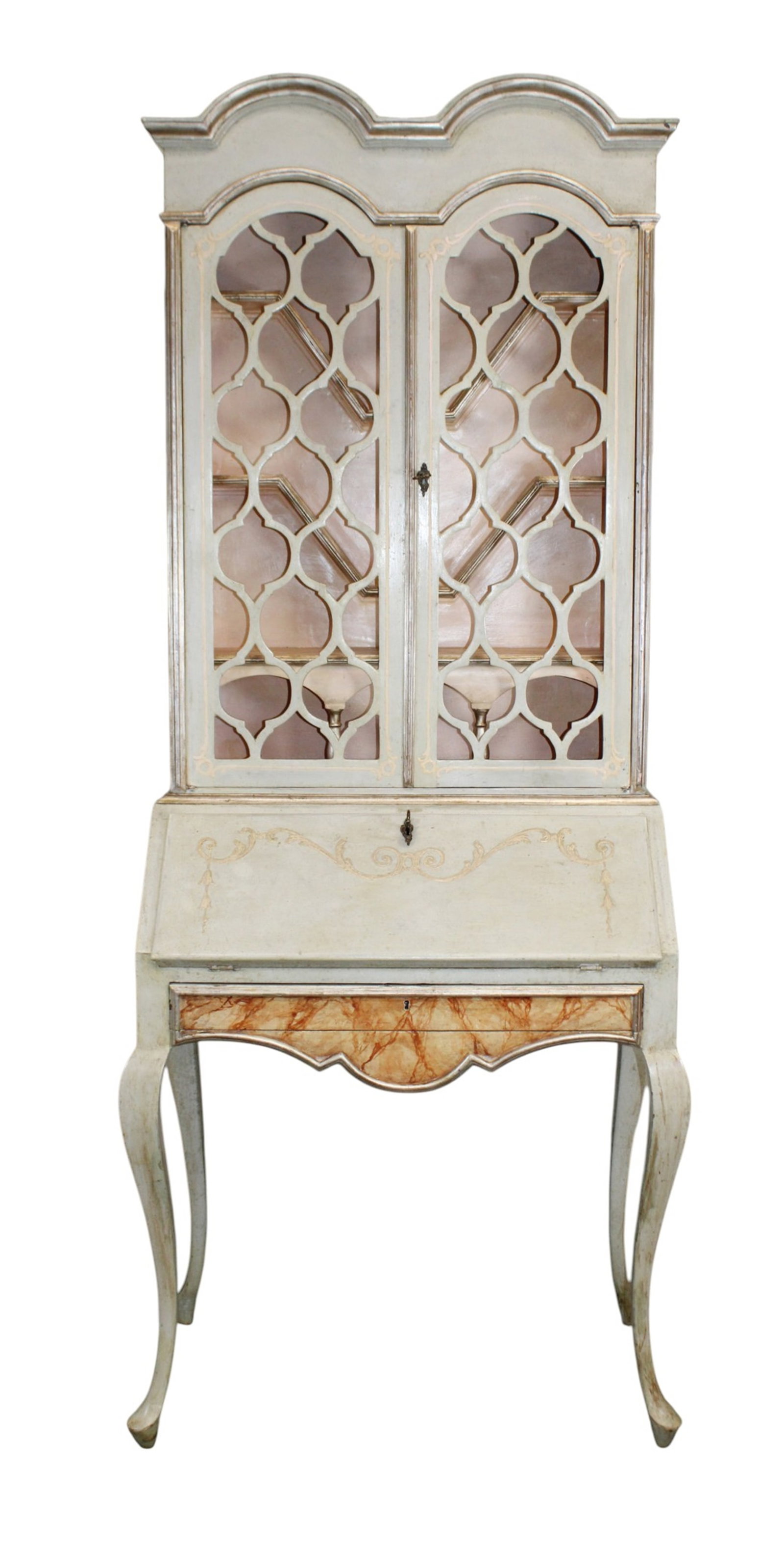 Italian petite bureau bookcase with faux painting, pierce carved doors and elegant shelving: Italian petite bureau bookcase with faux painting, pierce carved doors and elegant shelving. Mid 20th century. 82"h x 31 1/2"w x 16 1/4"d