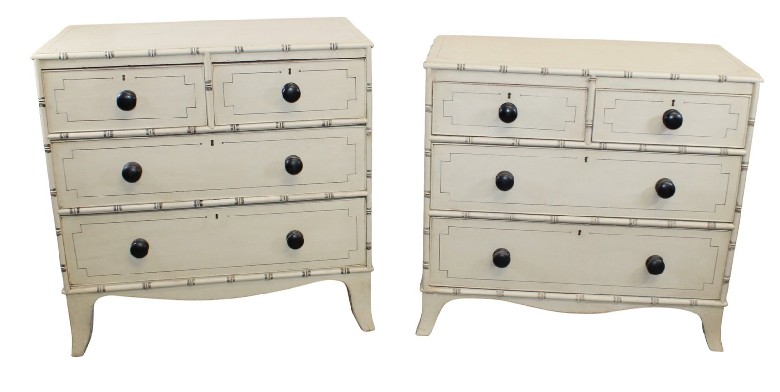 Pair of companion English faux bamboo painted 2 over 2 drawer chests (1 of 9)