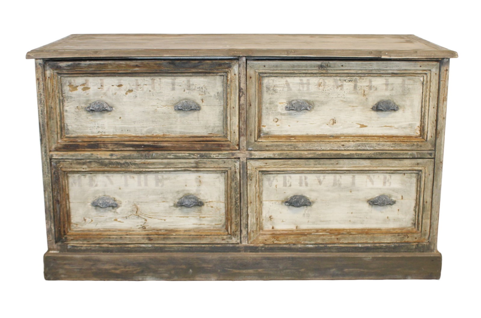 French double sided tea shop counter with 4 drawers: French double sided counter from a tea shop. One side raised panel. One side has 4 deep drawers with lettering: Menthe, Verveine,Camomile & Tilleuil. In pine with grey washed finish. 32"h x 55 1/2"w