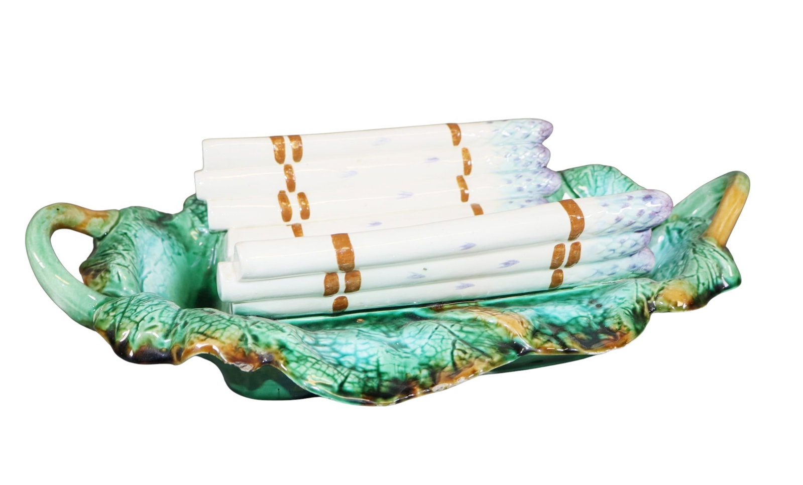 French Majolica Barbotine asparagus serving platter: French Majolica Barbotine asparagus serving platter.4"h x 15"w x 9"d. Weight: 4lbs