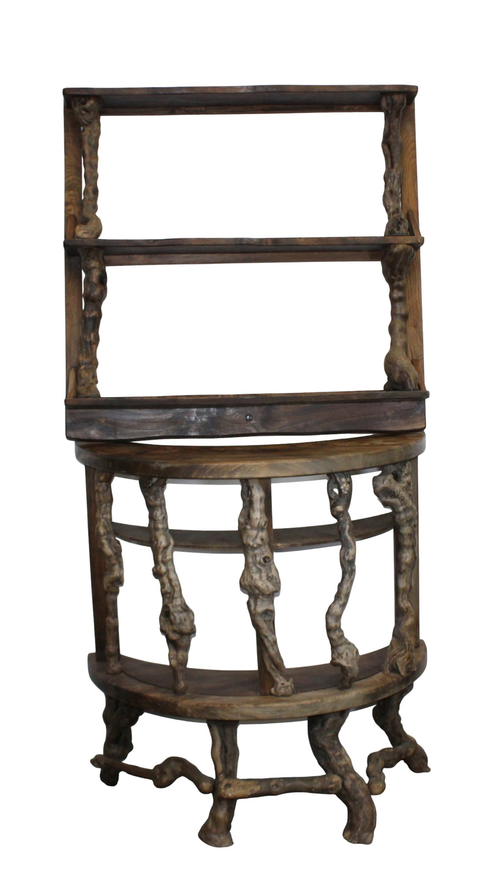 French burled grape vine curved front bar with hanging wall shelf bottle rack (1 of 15)