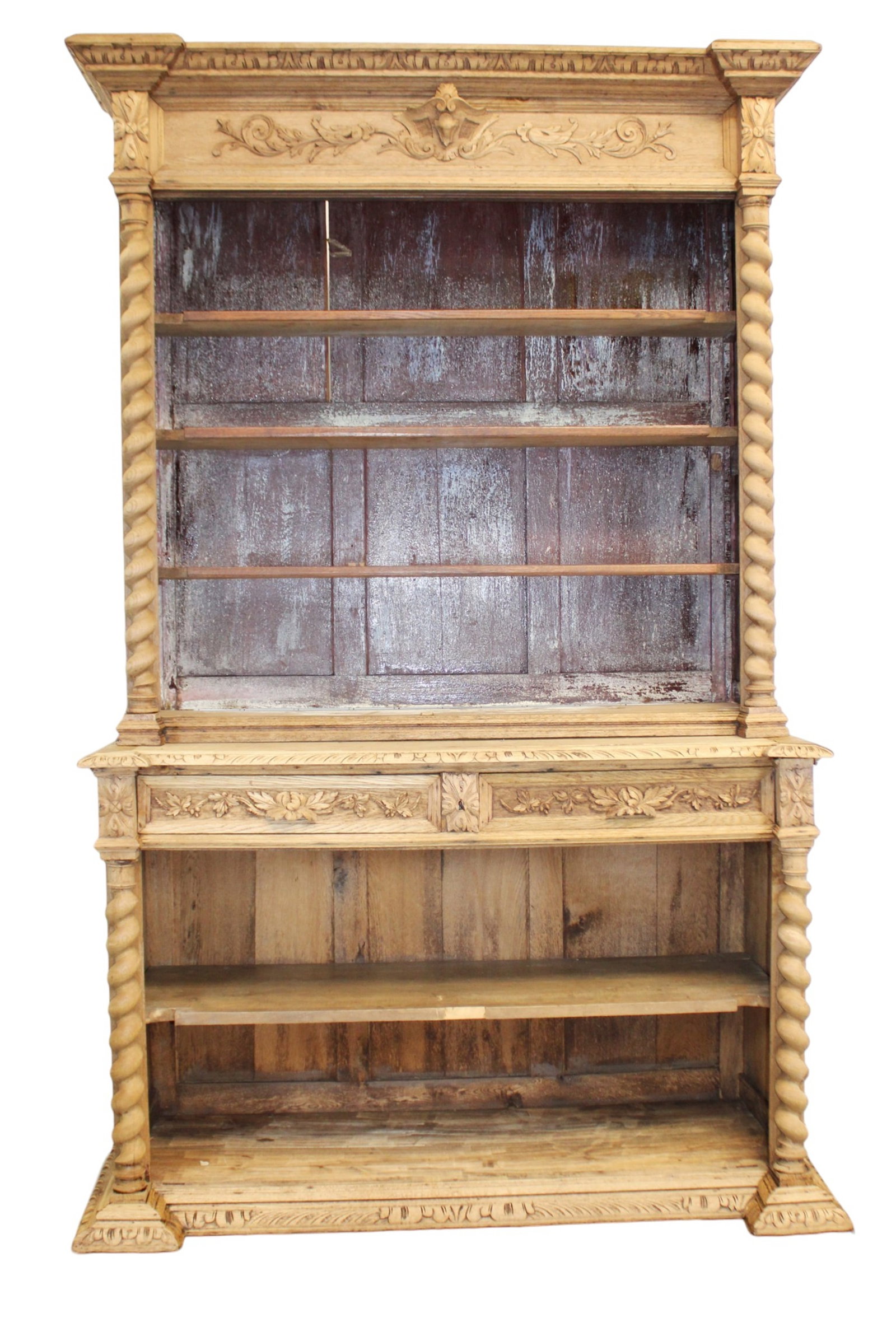 French Louis XIII bleached oak open shelf bookcase with barley twist columns (1 of 7)