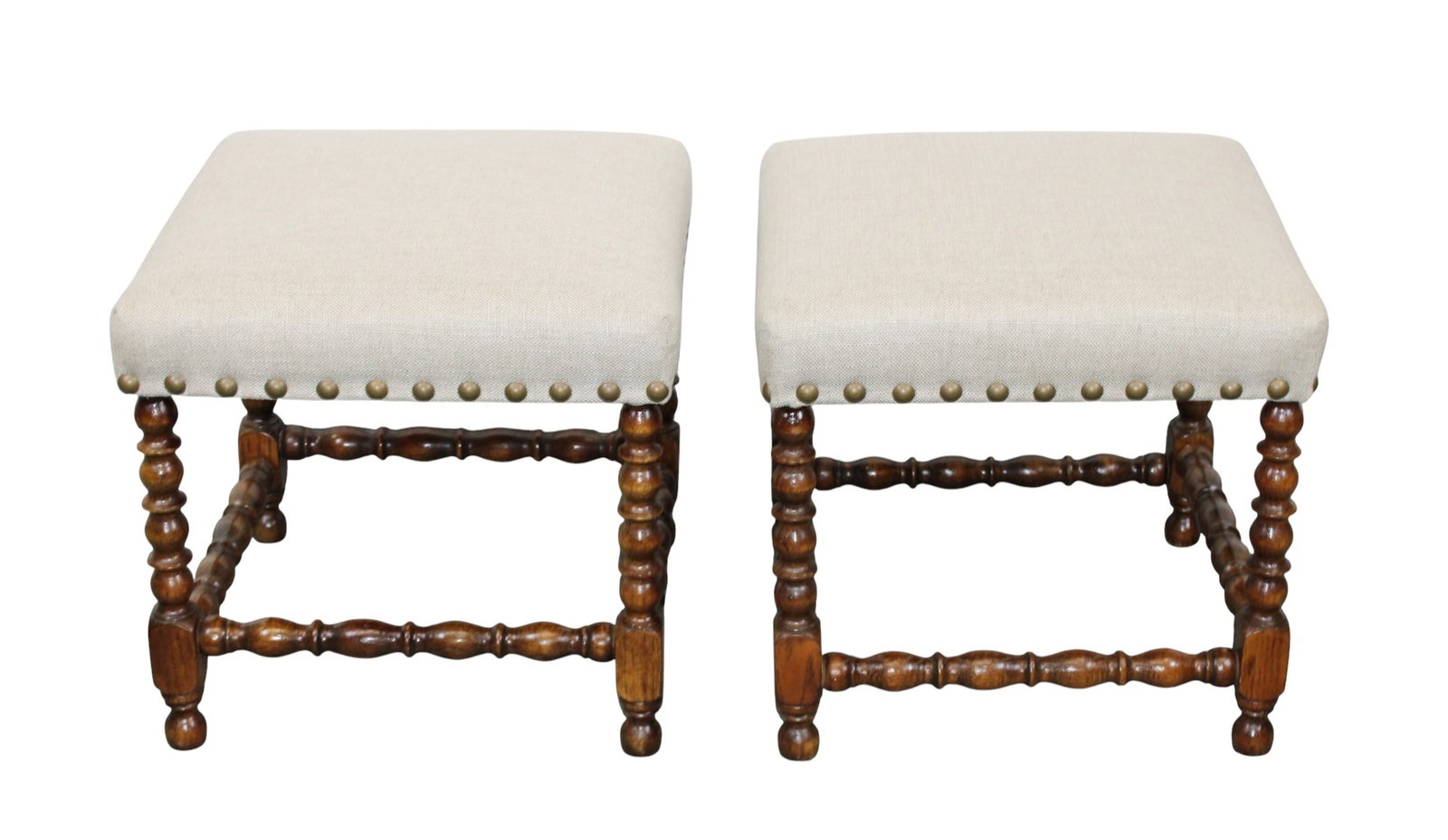 Pair of English spindle leg oak stools with studded linen upholstered seats (1 of 6)