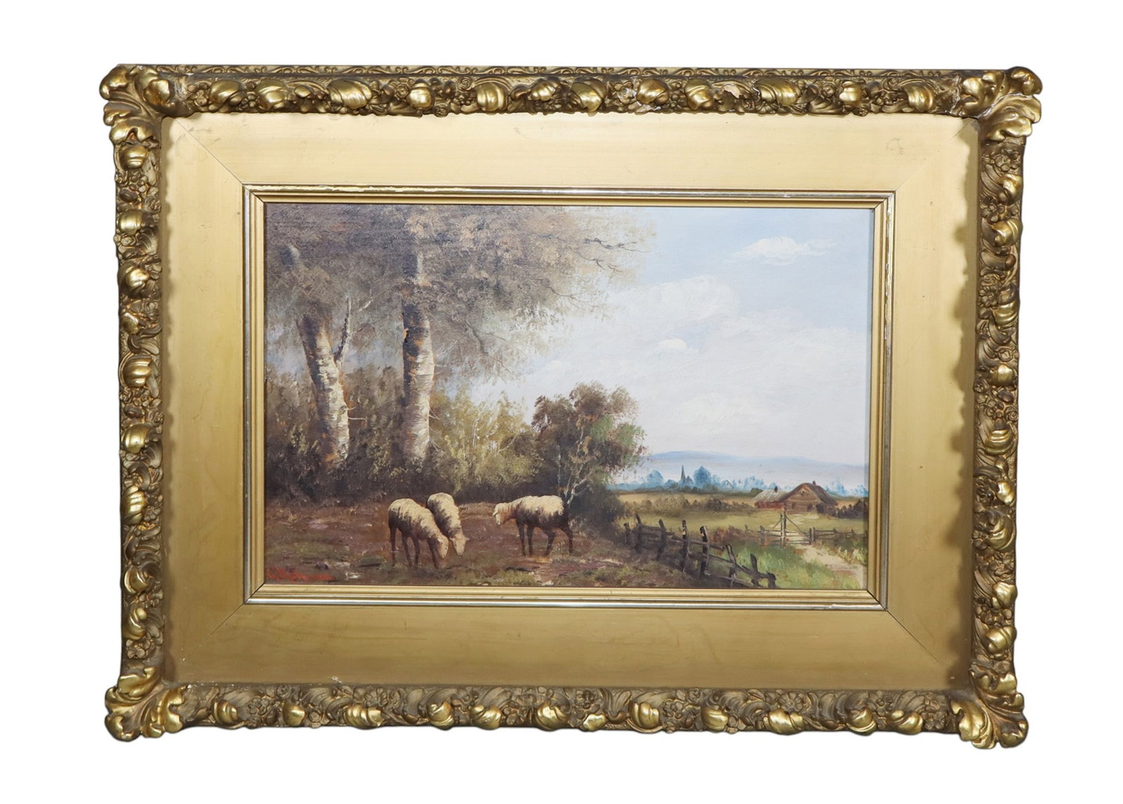 English Andrew Millrose oil on canvas painting pastoral landscape with sheep: English Andrew Millrose oil on canvas painting pastoral landscape with sheep. signed l/l A. Millrose.19th century, Overall: 19 1/2"h x 25 5/8"w x 3 1/4"d Sight: 11 1/4"h x 17 1/4"w Weight: 7lbs