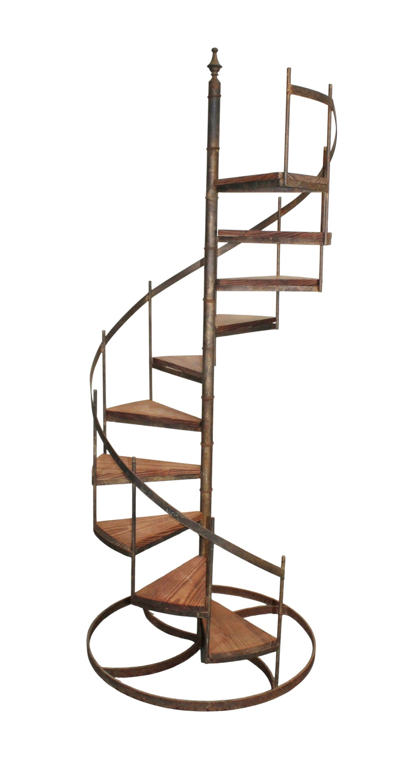 Iron spiral staircase display with heart pine stair treads: Iron spiral staircase display with heart pine stair treads. 76"h x 30 1/2"dia