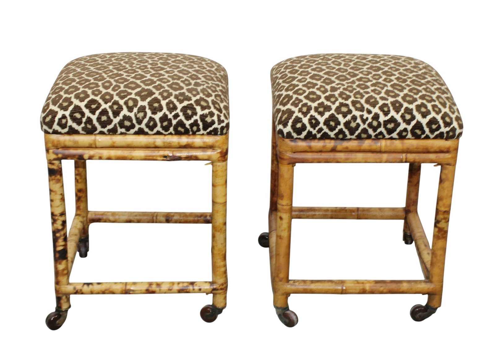 Pair of English burnt tortoise bamboo footstools