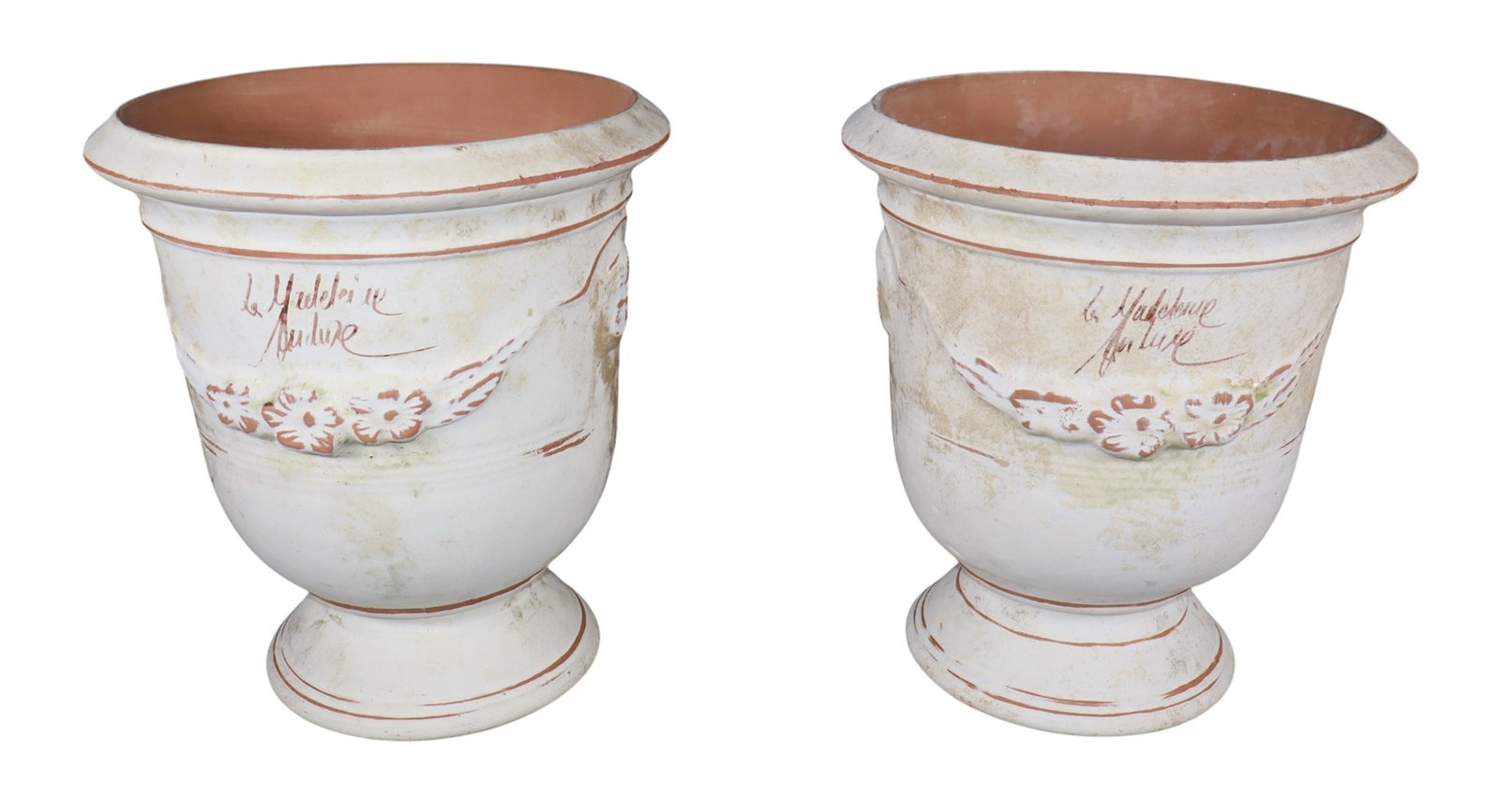 Pair of petite French Anduze La Madelaine terra cotta urns with matte white glaze